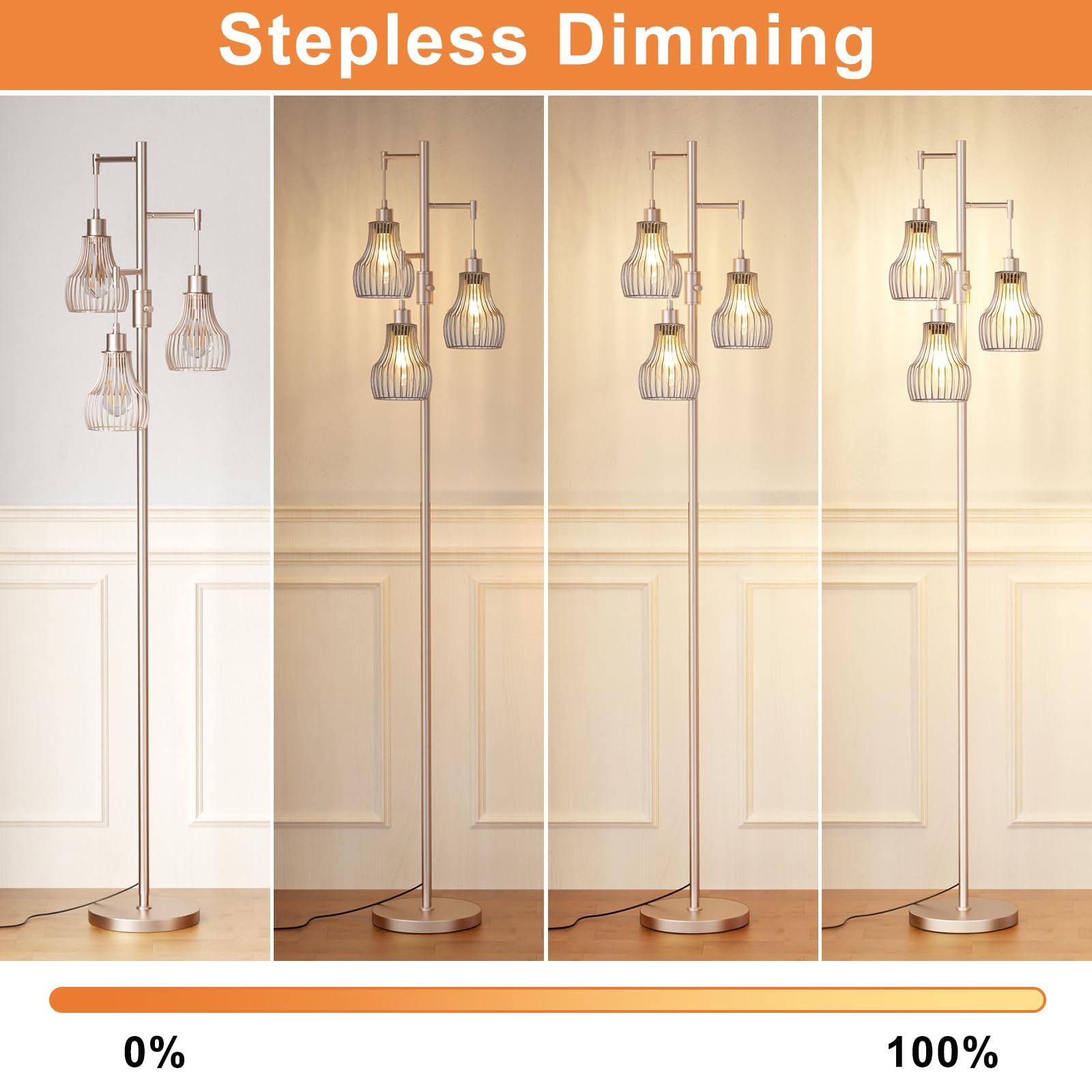 Ziisee Dimmable Floor Lamps For Living Room, Industrial Tree Standing Tall Lamps With 3 Elegant Cage Shade & 650 Lumens Led Bulb