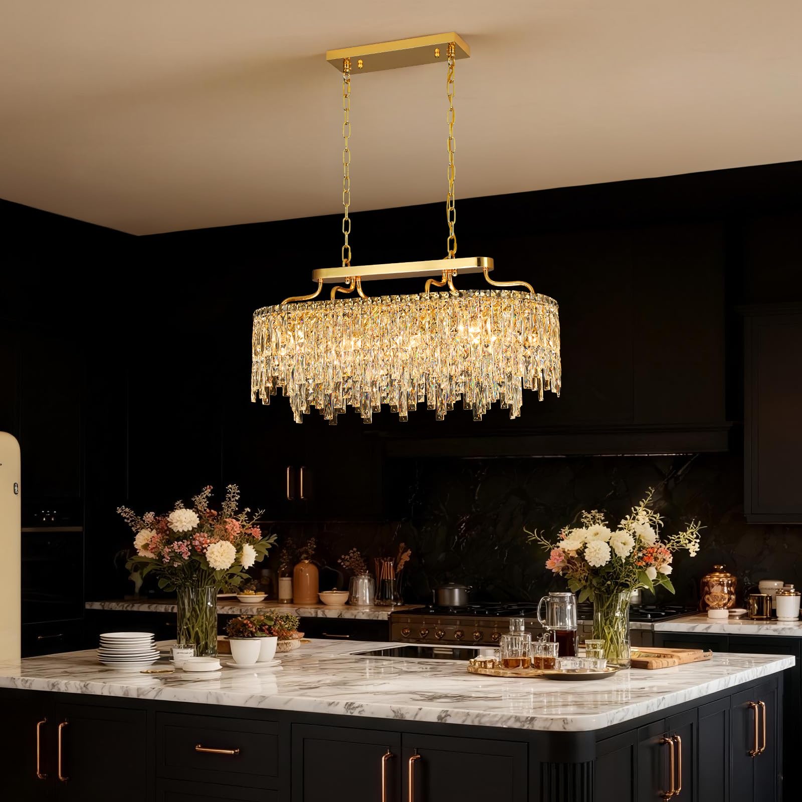 Nisidun Gold Crystal Chandelier | Modern stylish Oval-Shaped Chandeliers For Dining Room Light Fixture  32 10-Light Crystal Ceiling Lighting Fixture For Dining Room Kitchen Island Bar