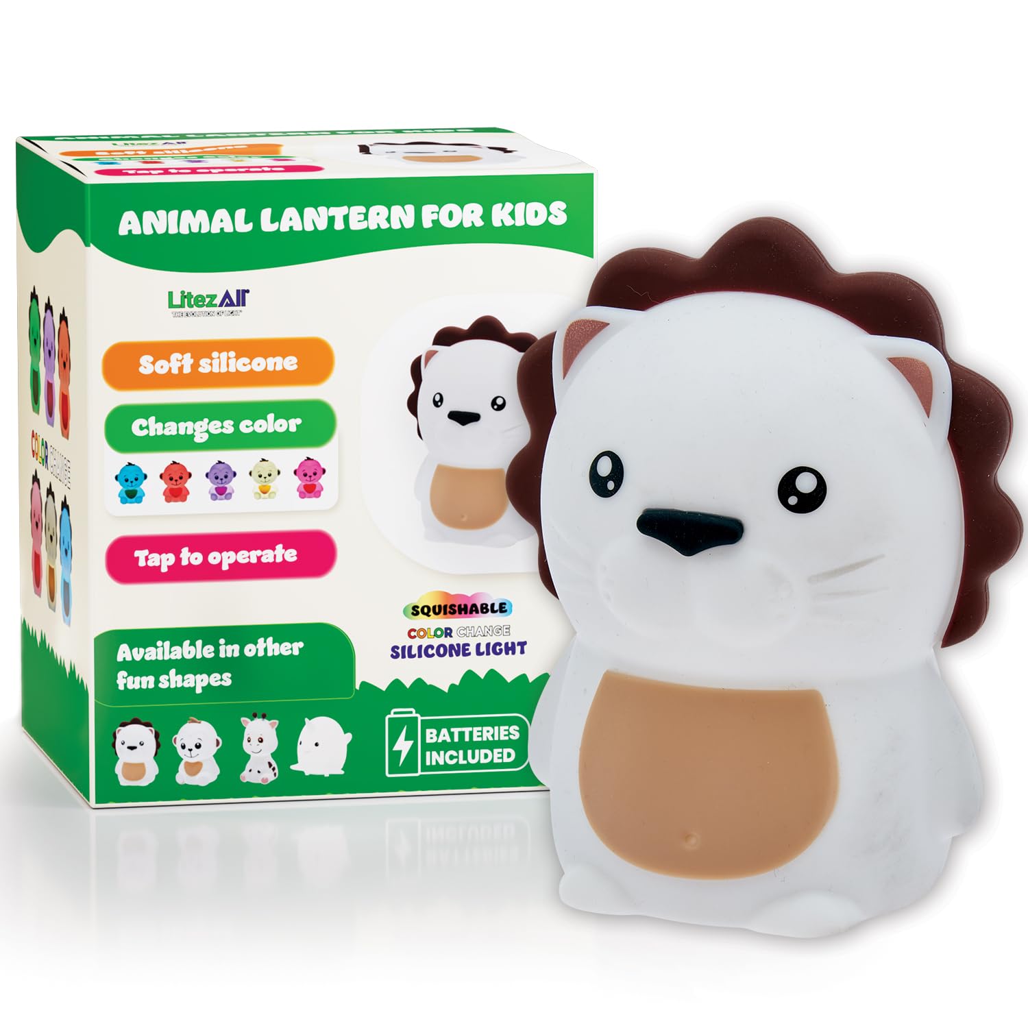LitezAll Squishy Silicone Night Light for Kids, Lion Design, Tap-to-Change Color & Brightness, Battery Operated Portable Lantern