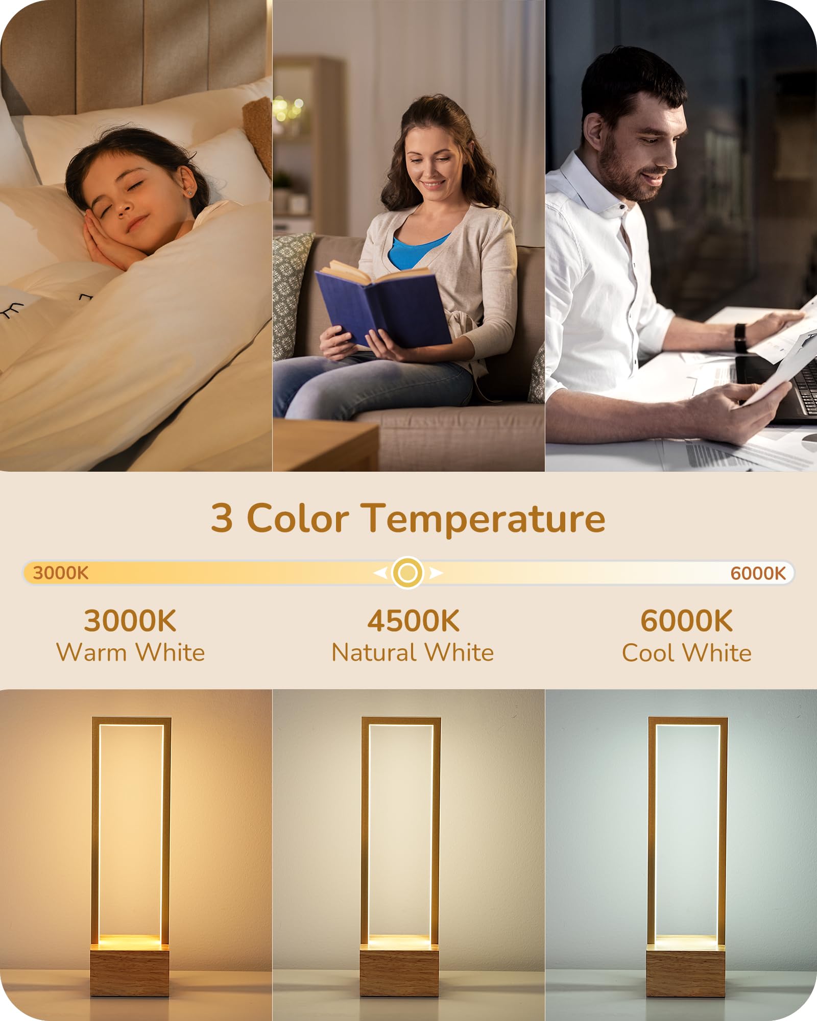 EDISHINE LED Table Lamp, Wooden Bedside Lamp with 3 Color Temperatures, Dimmable Square Nightstand Lamp for Bedroom Living Room,
