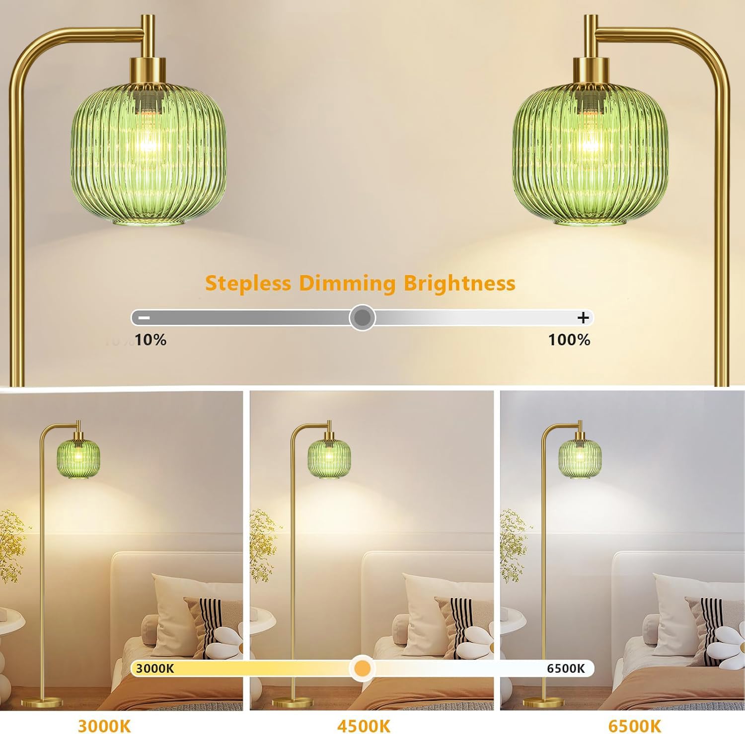 Illmtw Glass Floor Lamp For Living Room,Bedroom,Dimmable Standing Lamp With Remote,Gold Brass Tall Lamp Mid Century Modern Floor