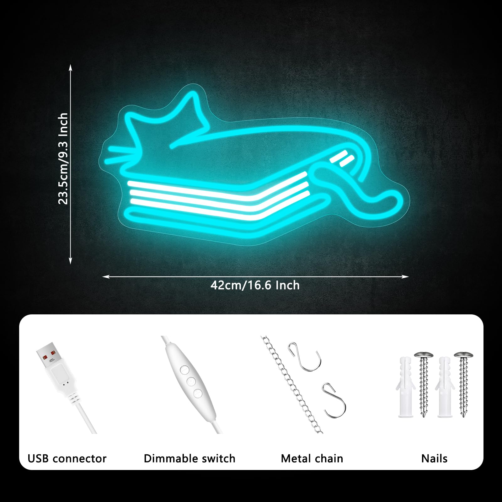 AUGELRE Neon Cat Book Sign, Dimmable LED Wall Decor, Acrylic, Ice Blue