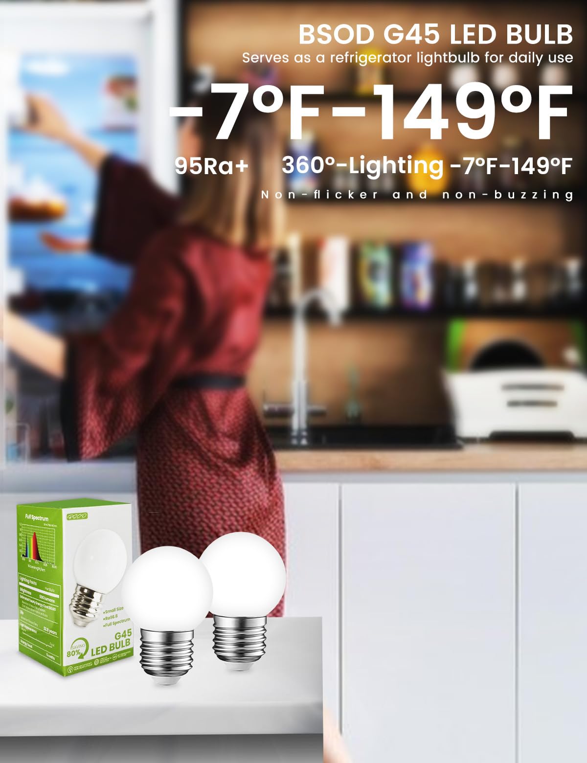 G45 Led Refrigerator Light Bulb - 40W Equivalent, 5W, 6000K Daywhite, 95+ Cri, E26 Base, Waterproof Ip44 - Full Spectrum For Kit