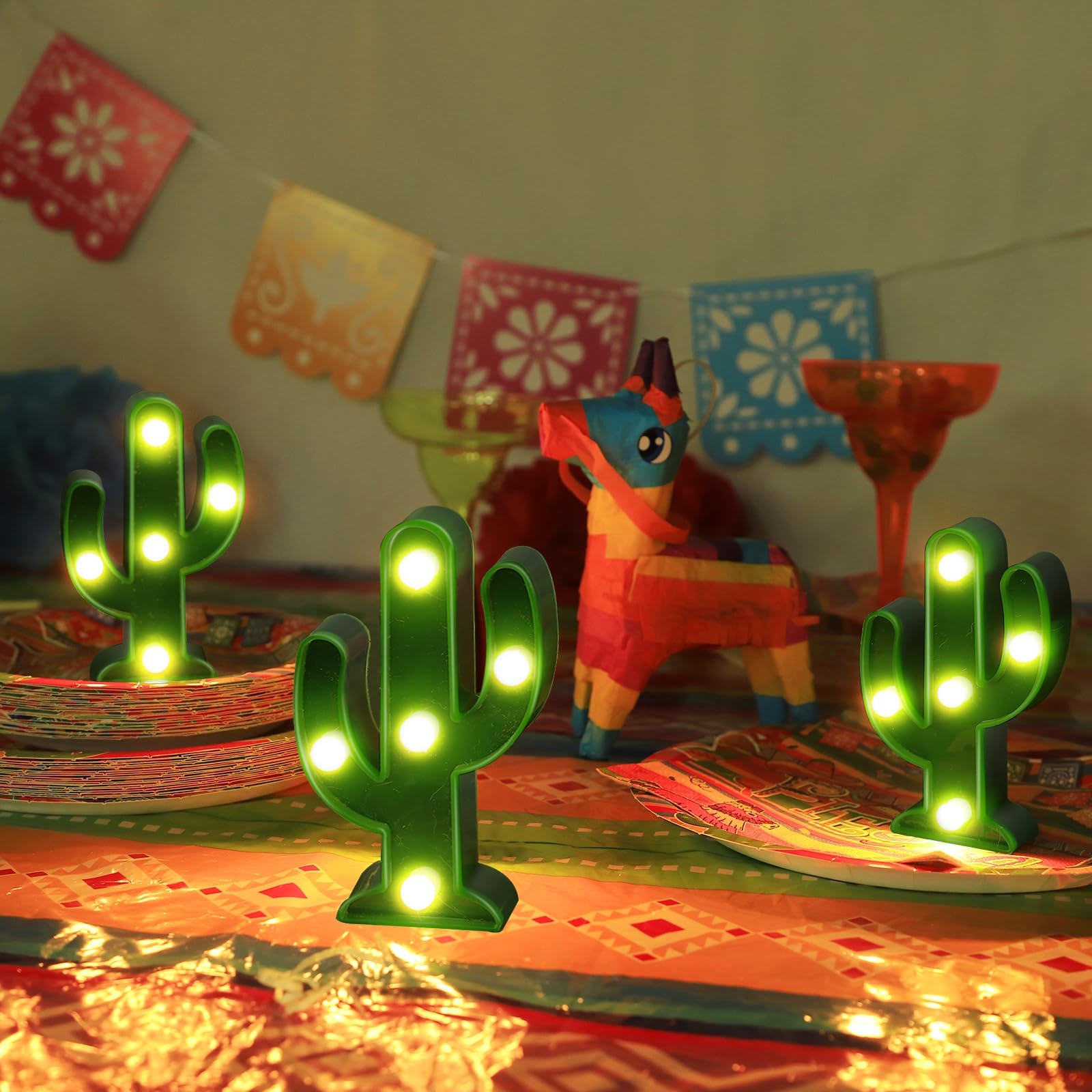 TURNMEON 3 Piece Cactus Decor LED Cactus Light Fiesta Decorations, Fiesta Mexican Party Decorations Green Cactus Night Light Cut