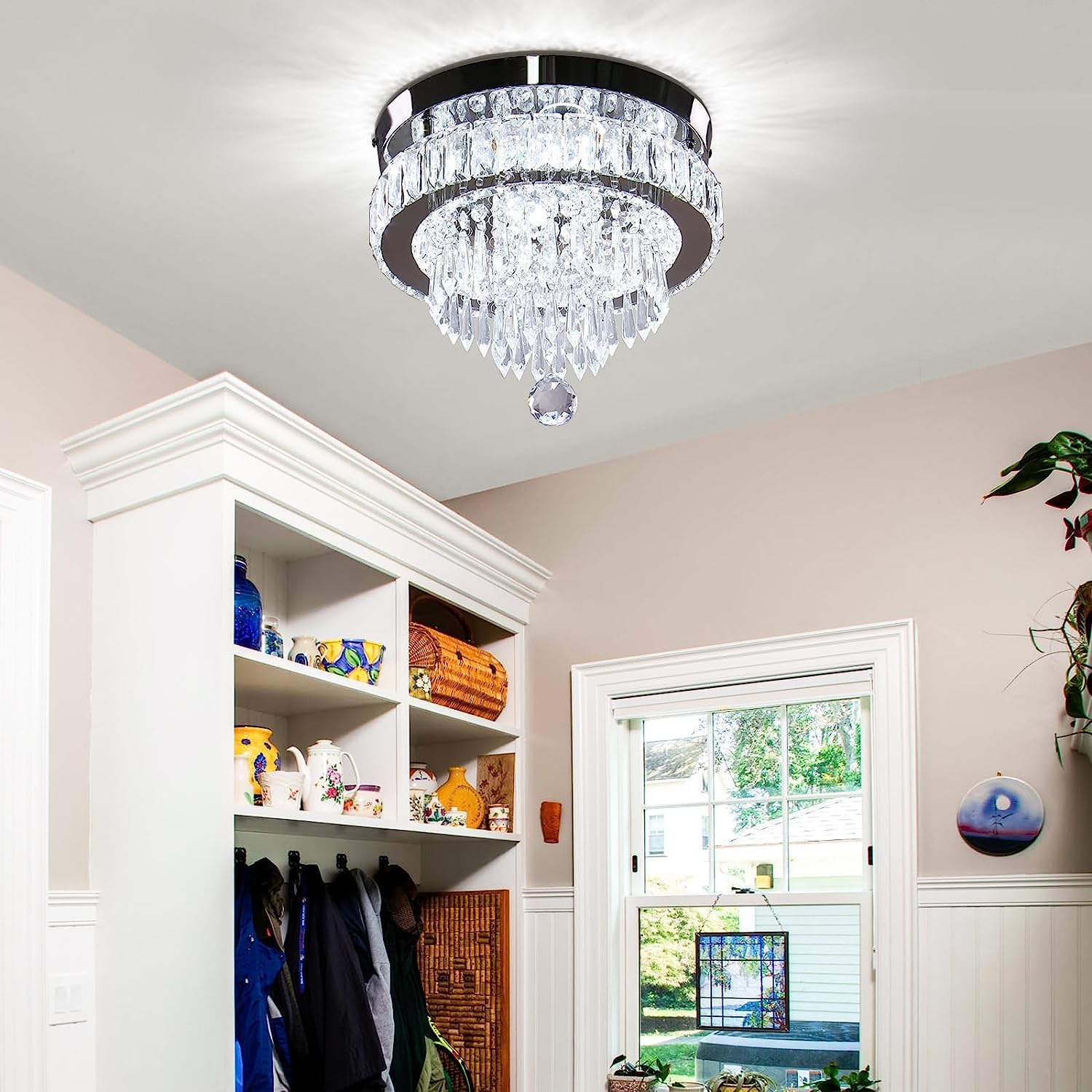 Cainjiazh 11.8" Modern Crystal Chandelier, Flush Mount Ceiling Light, Stainless Steel, Cool White, Model US-300DSJ