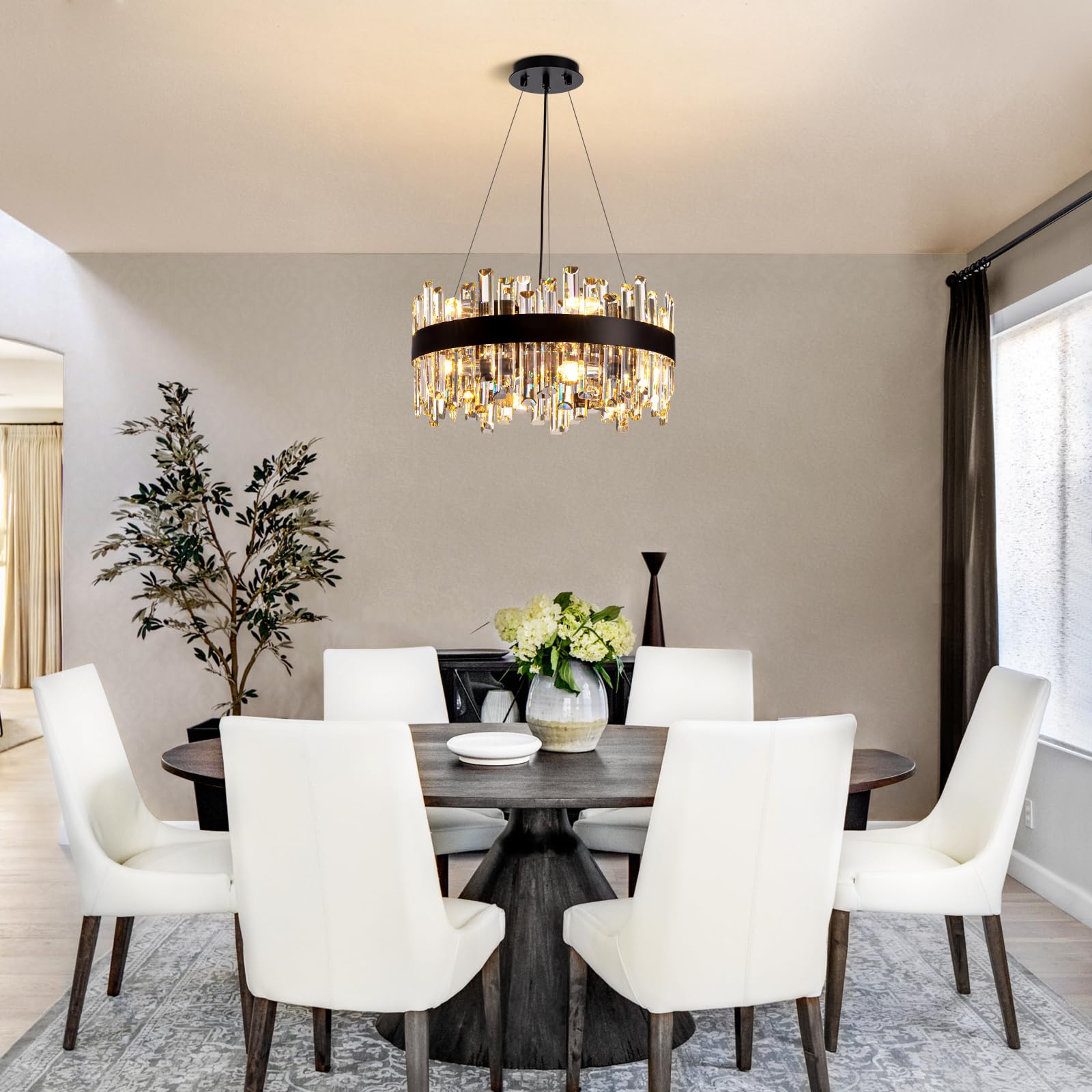 Siljoy Modern Crystal Chandelier, Black Round Semi Flush Mount, 12 Lights, 2 Tiers, D19.7'' for Living Room, Dining Room, Entryway