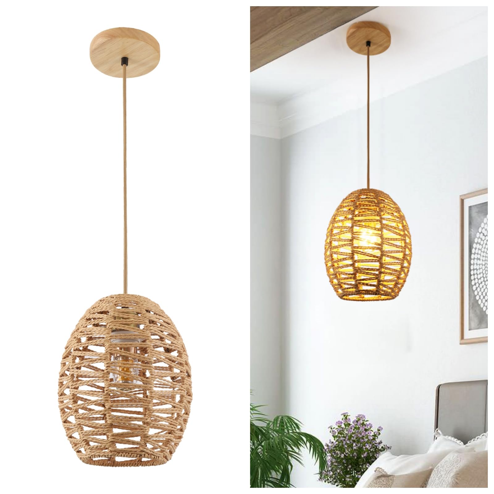 DELIPOP Pendant Light, Hand-Woven Rattan Chandelier, Boho Hanging Light with Adjustable Cord 4.9ft for Living Room, Dining Room,