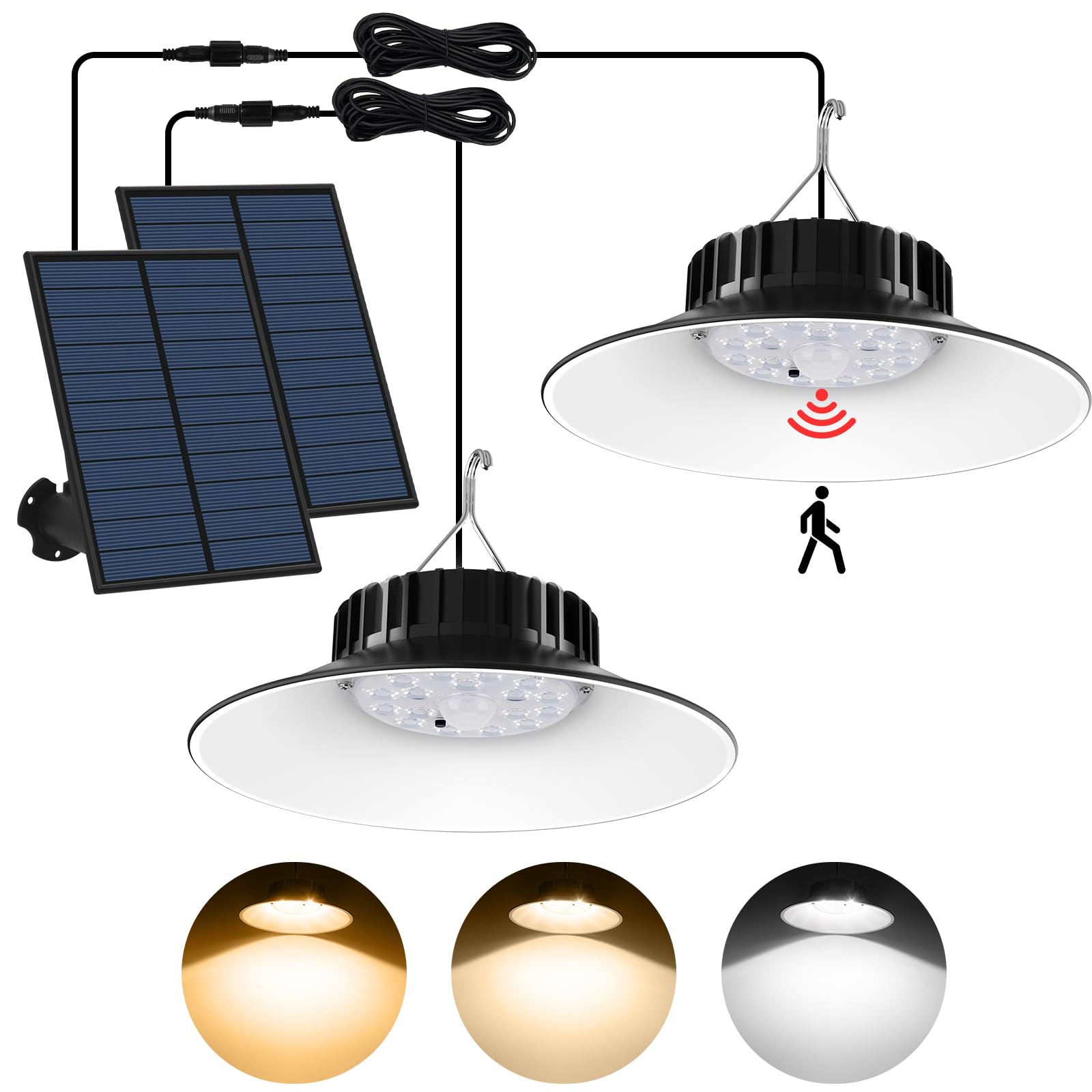 TSUNESLUX 2 Pack Solar Shed Pendant Light Outdoor/Indoor  Solar Motion Sensor Lights with 3000K/4000K/6000K  IP65 Waterproof for Garden  Patio  Gazebo  Barn  Shed  Chicken Coop