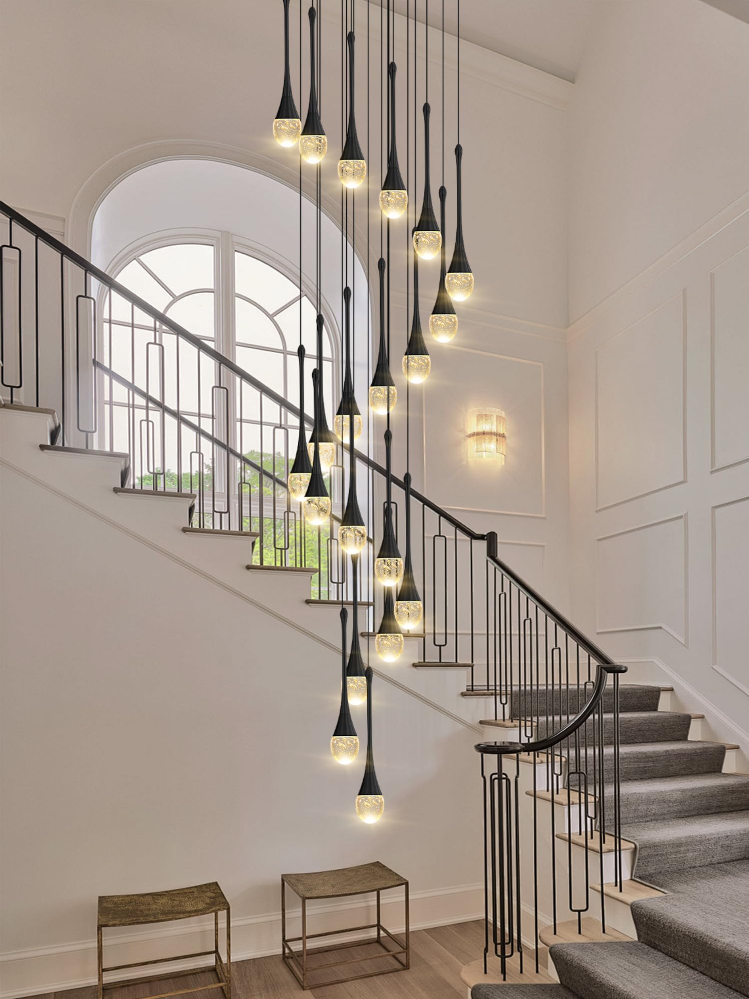 Ykolupty 138'' Modern Chandelier,20-Lights Black Modern Pendant Light Fixture Staircase Large Chandelier Lobby Living Room Bedroom Foyer High Ceiling Chandelier