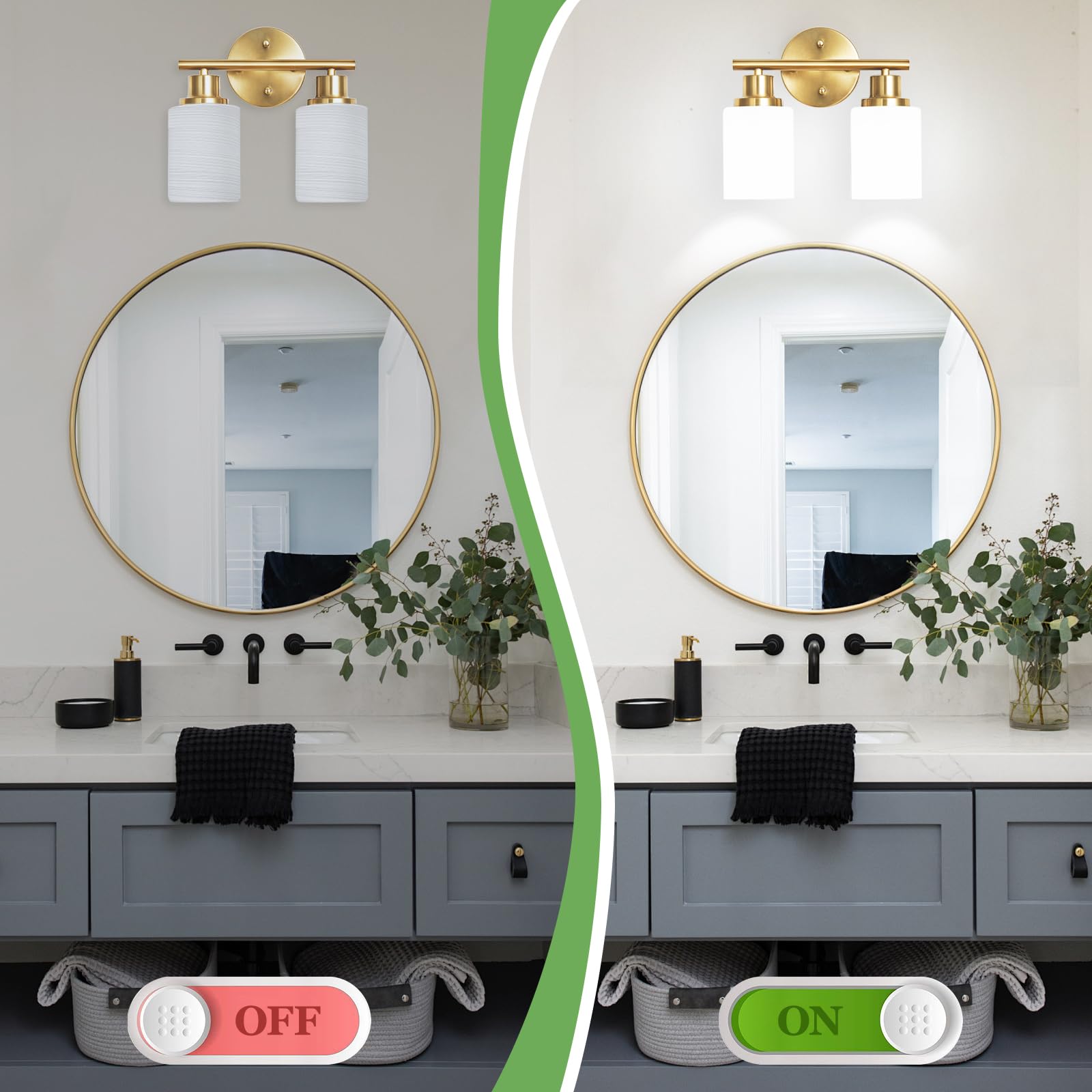 Guliaofo 2-Light Brushed Gold Bathroom Vanity Light, Bathroom Lighting Fixture Over Mirror, Gold Vanity Lights With Milky White