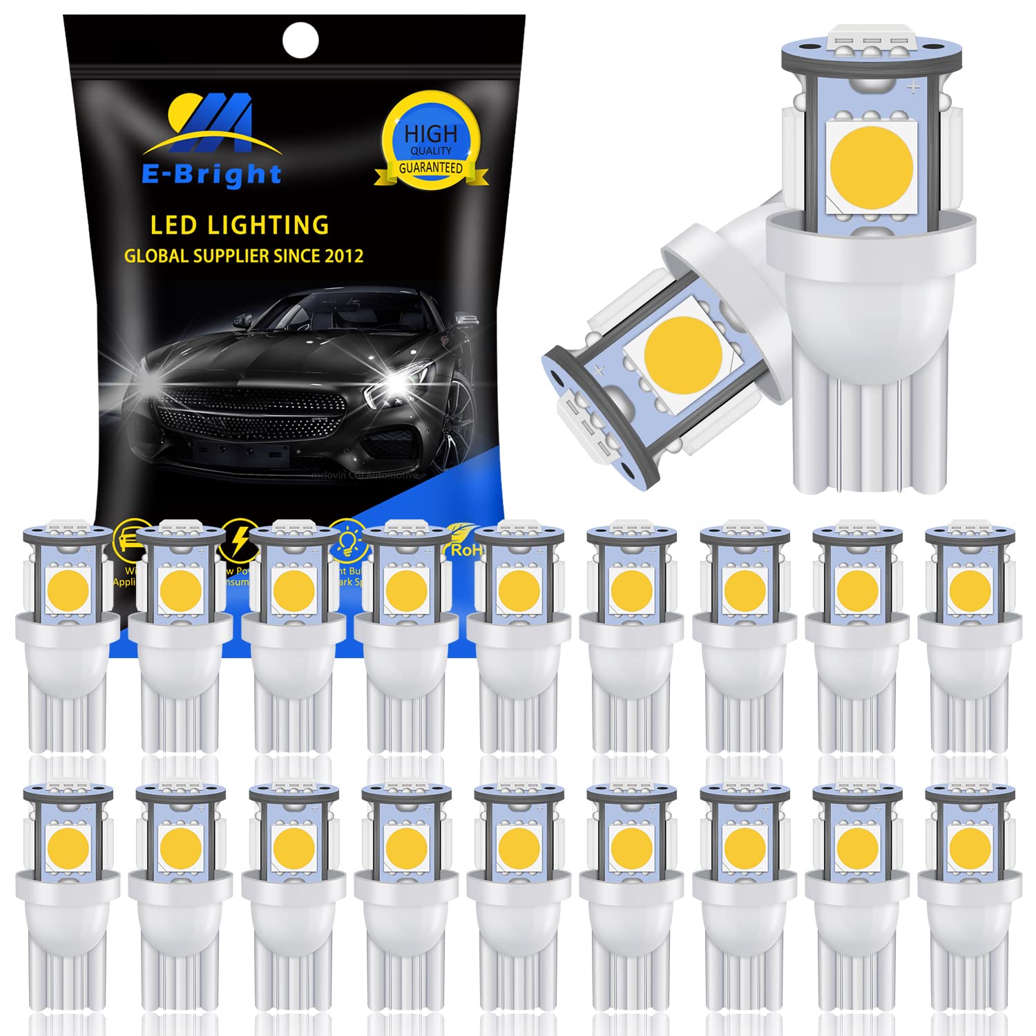 YM E-Bright T10 LED Bulb Replacement for Truck Interior Lights, 24V, White, Pack of 20