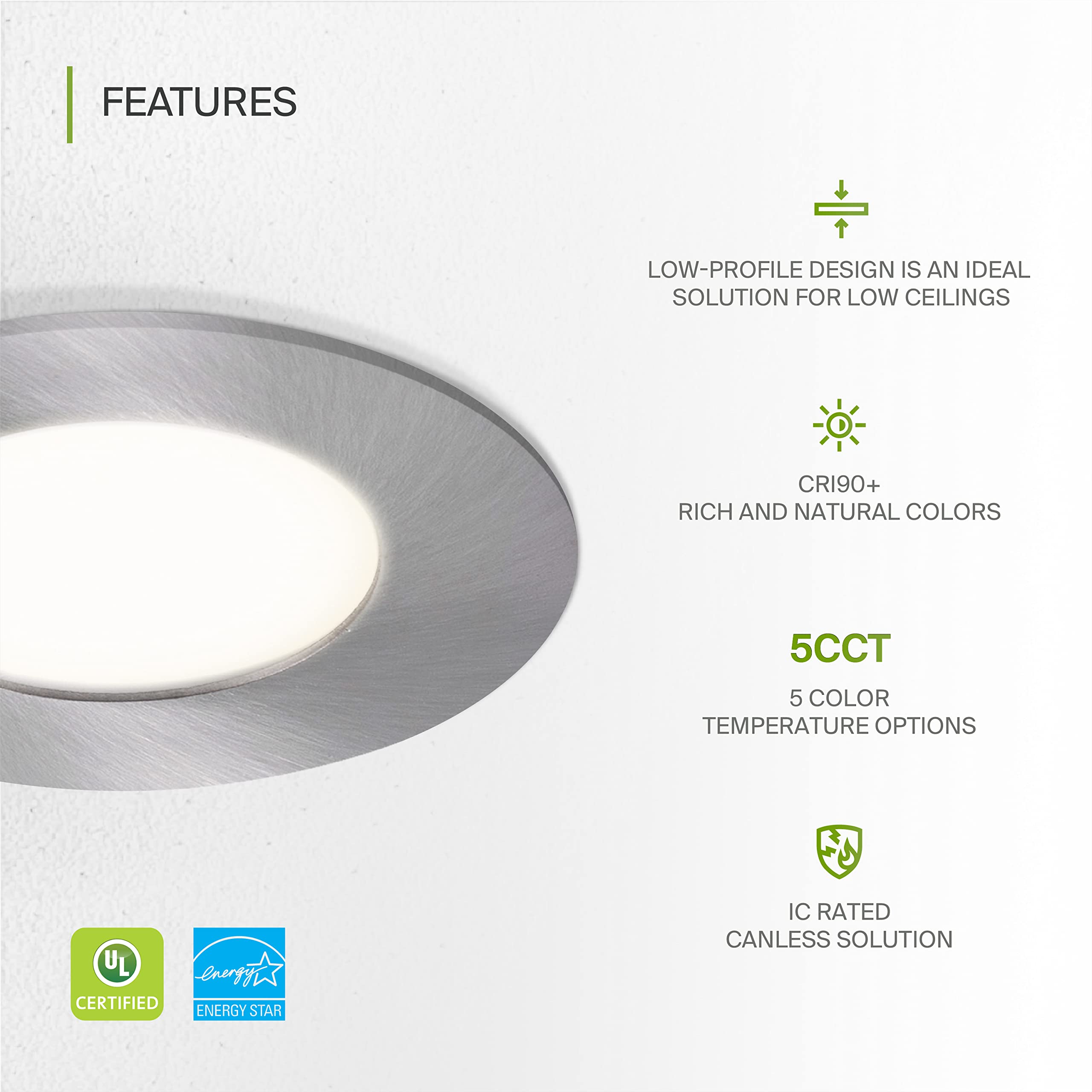 Asd 6 Pack 3 Inch Led Recessed Light 6W  5 Cct 2700K-5000K Cri90+  Ic Rated Ultra Thin Dimmable Ceiling Lights With J Box  Canless Wafer Downlight  Round Slim Panel Lighting  Ul Energy Star  Nickel