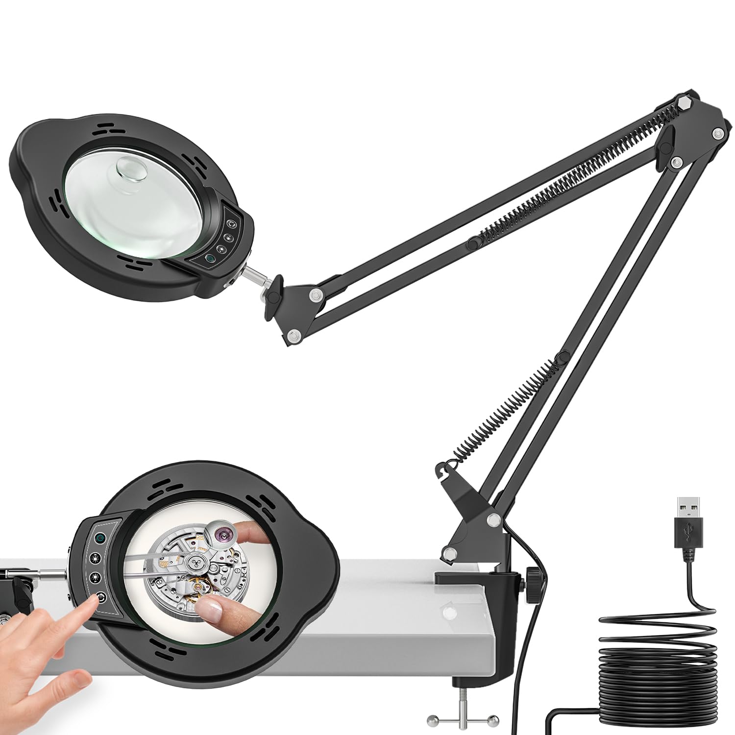 BAISHUN Magnifying Glass with Light, 15X 10X Lens, 84 LED, Adjustable Clamp, Black, Model CJX-111-US