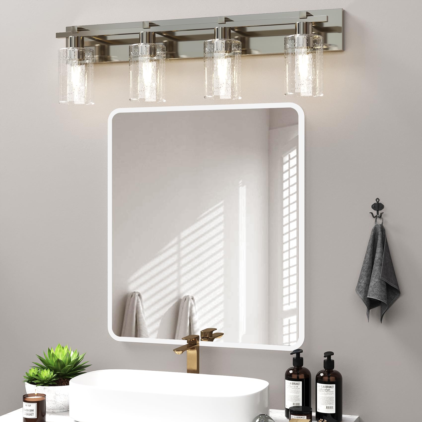 Espird Bathroom Vanity Light, 4-Light Brushed Nickel, Thickened Seeded Glass Shade, 33 inch, Model EL-DBB-SV4