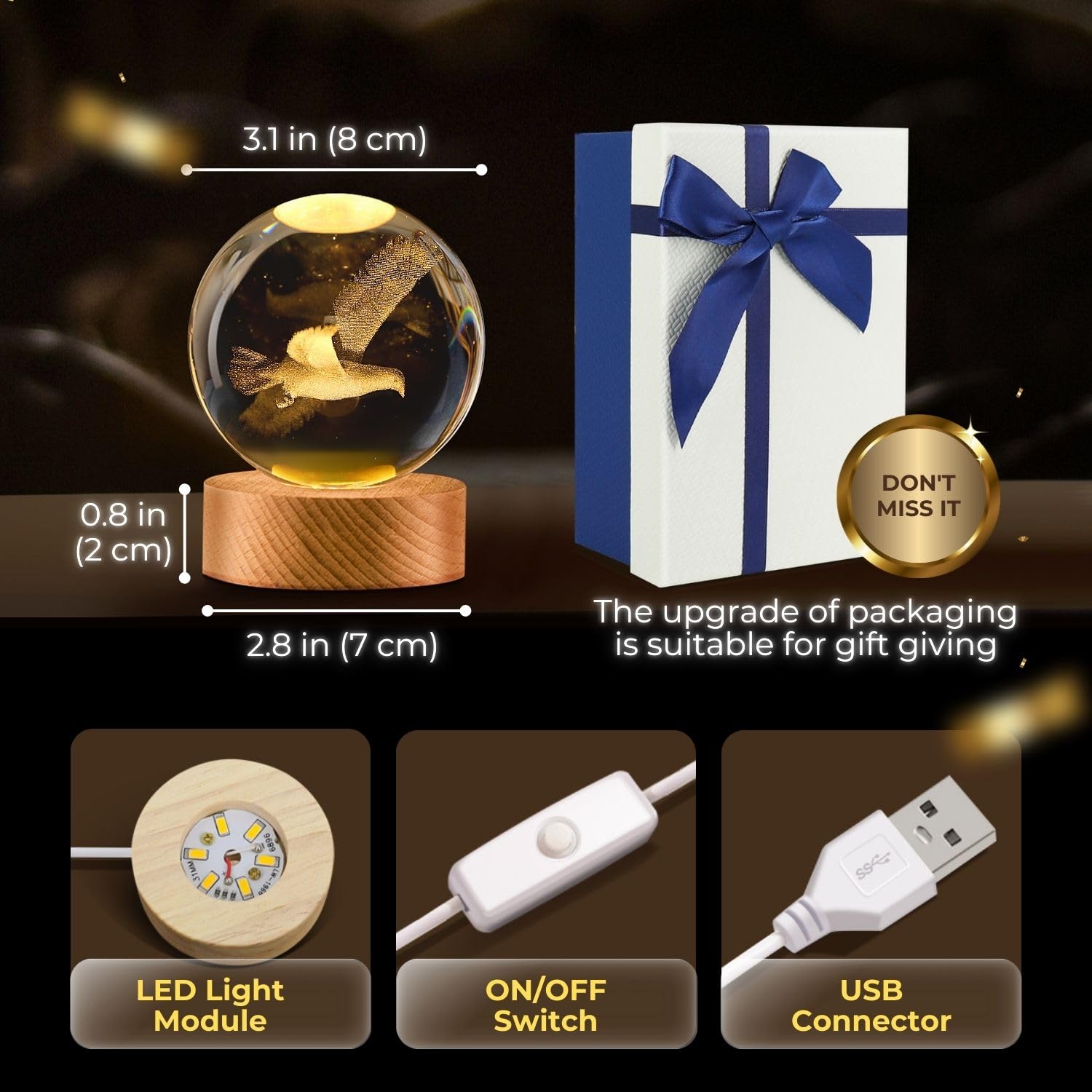 Flexzion 3D Bird Crystal Ball Night Light - 3.15" LED Glass Lamp, Gold Wood Base, Adjustable Brightness, USB Powered
