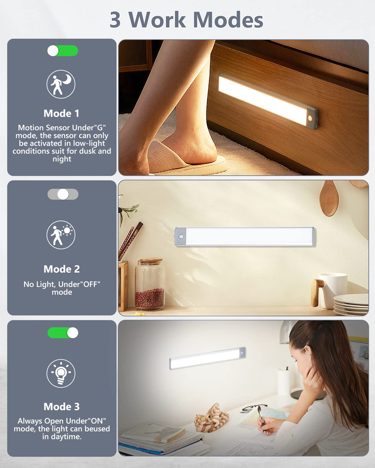 PRIORARE Motion Sensor Closet Light, 60-LED Under Cabinet Lighting, USB Rechargeable, 3 Color Temperatures, Model DL2060D-D, 2 Pack
