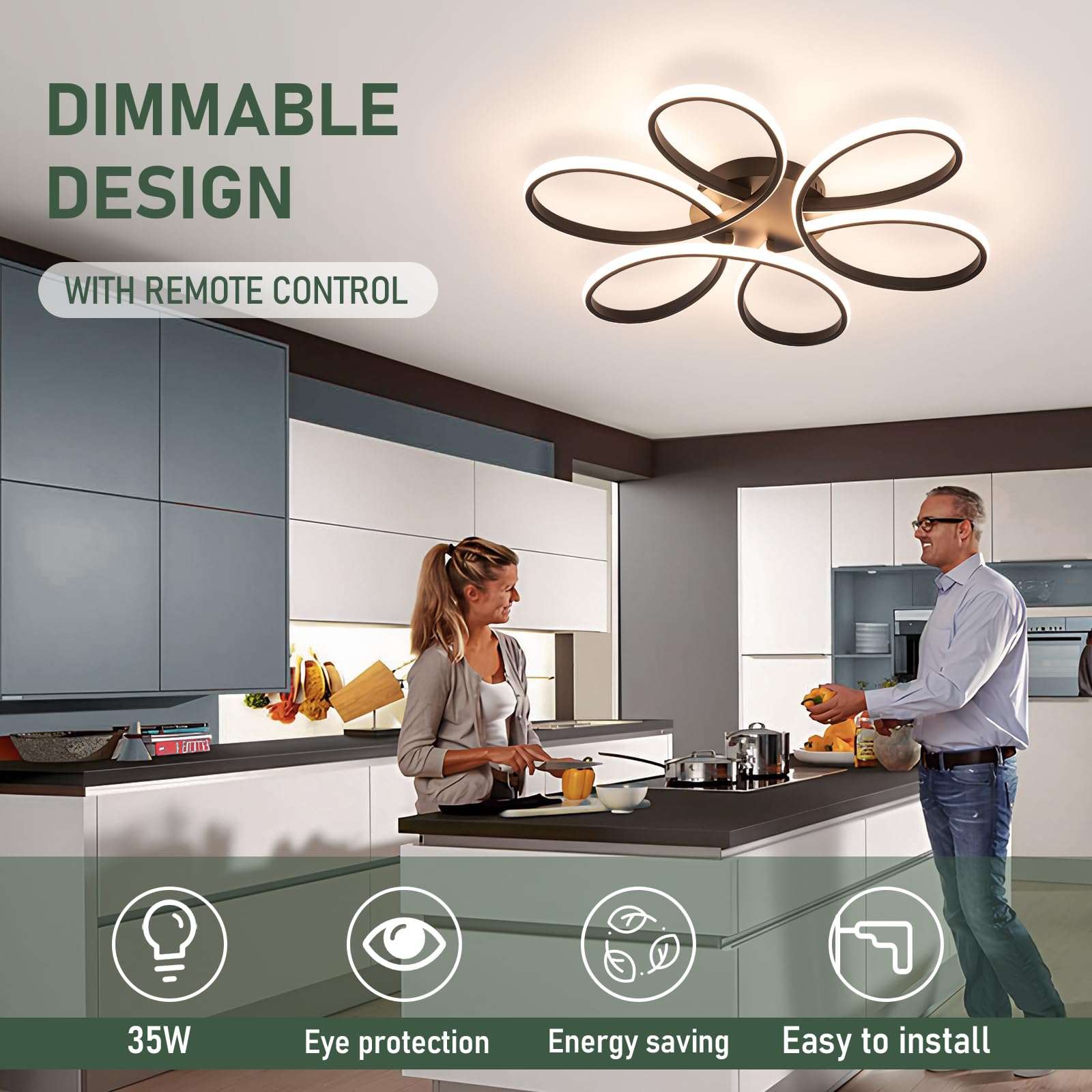 HLILCEH 26in LED Ceiling Light, 6 Rings Flush Mount Fixture, Black, Dimmable with Remote Control, Model CL-6BHBK-D-US-FBA