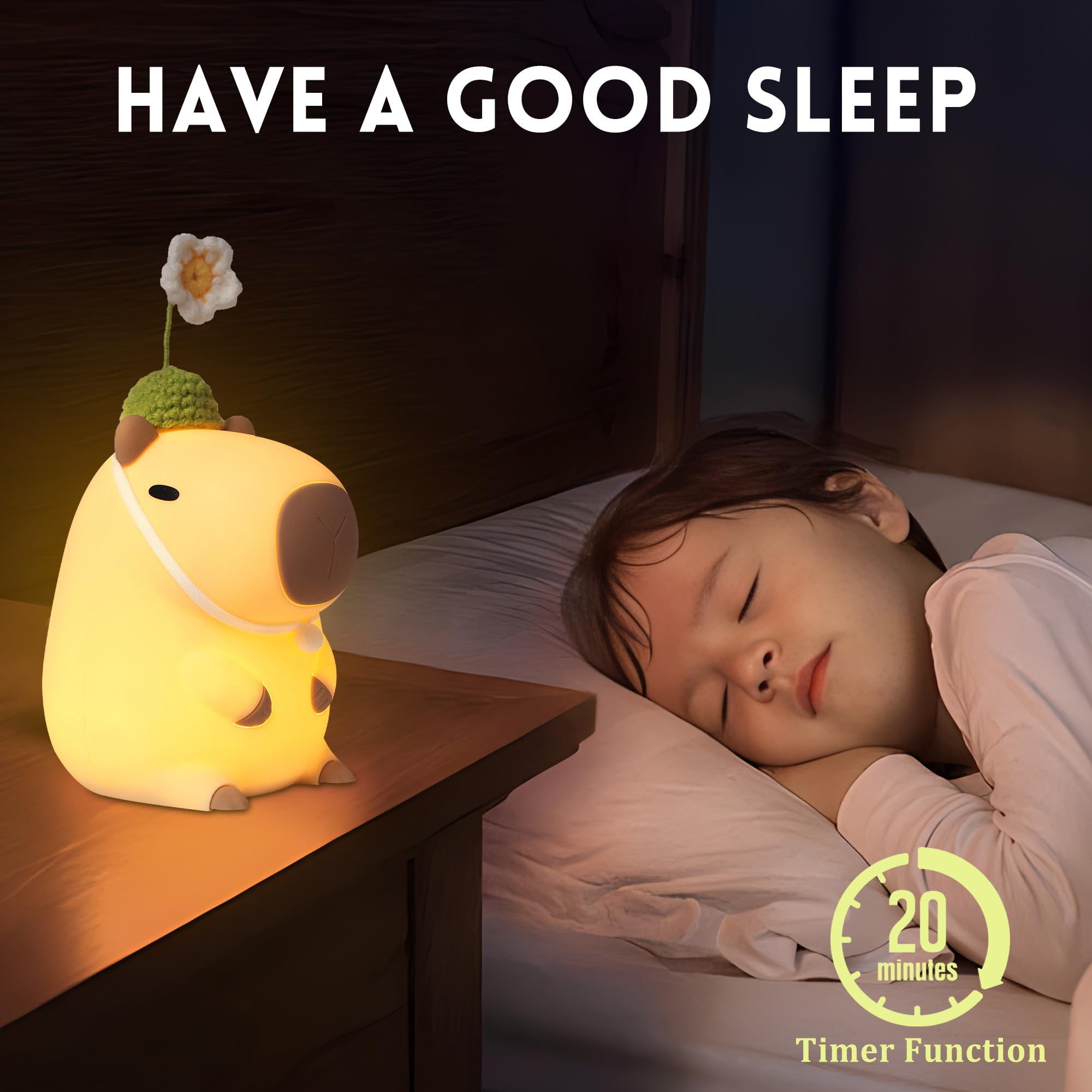Okayera Cute Capybara Night Light - USB Rechargeable, Dimmable, Yellow, Model DS-CPBR-01, Ideal for Nursery Decor and Gifts