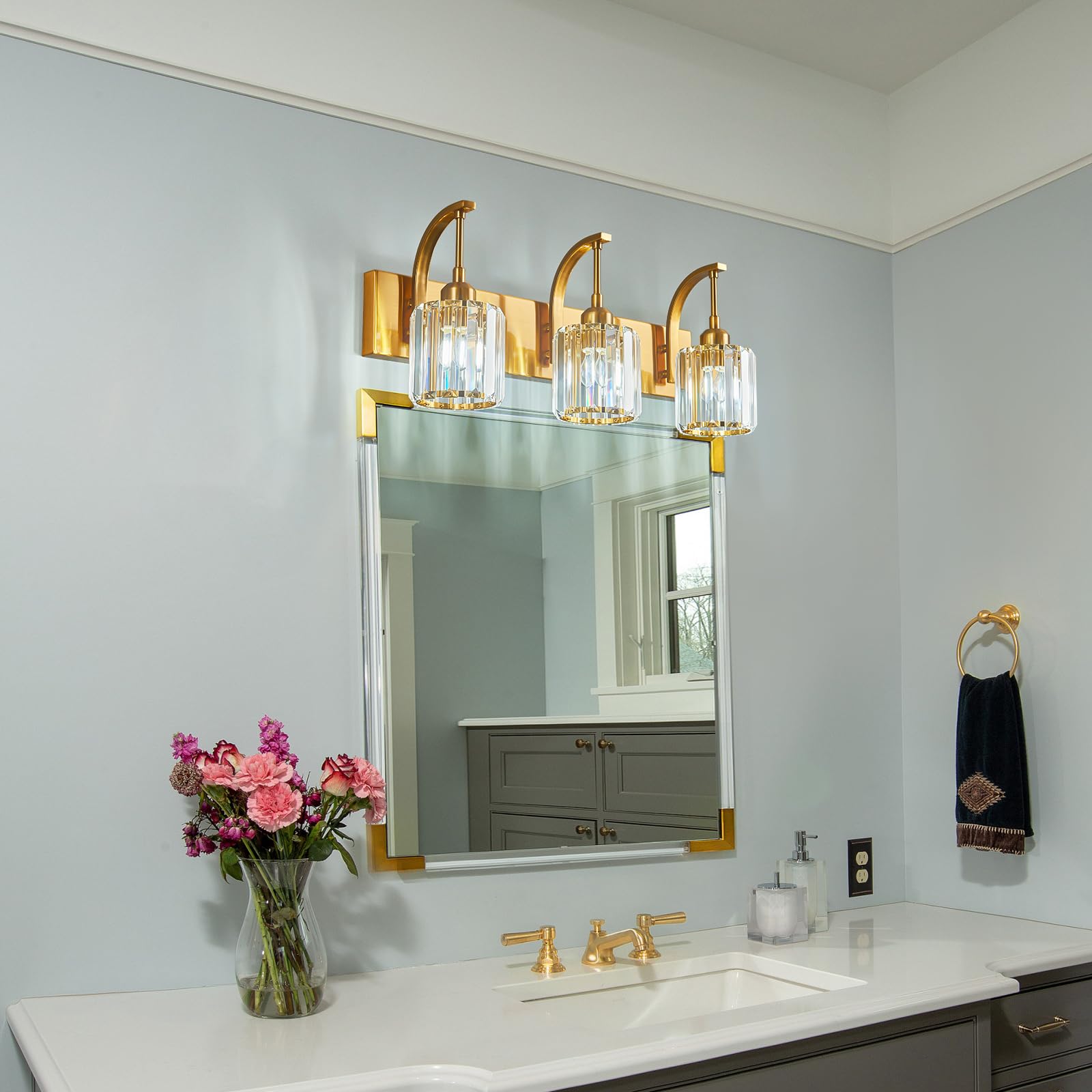 Fdpby 3-Light Crystal Vanity Light  Modern Gold Bathroom Wall Sconce With K9 Crystal Shades  23.62 Long Over Mirror Lighting For Vanity  Makeup  Hallway  Elegant & Durable