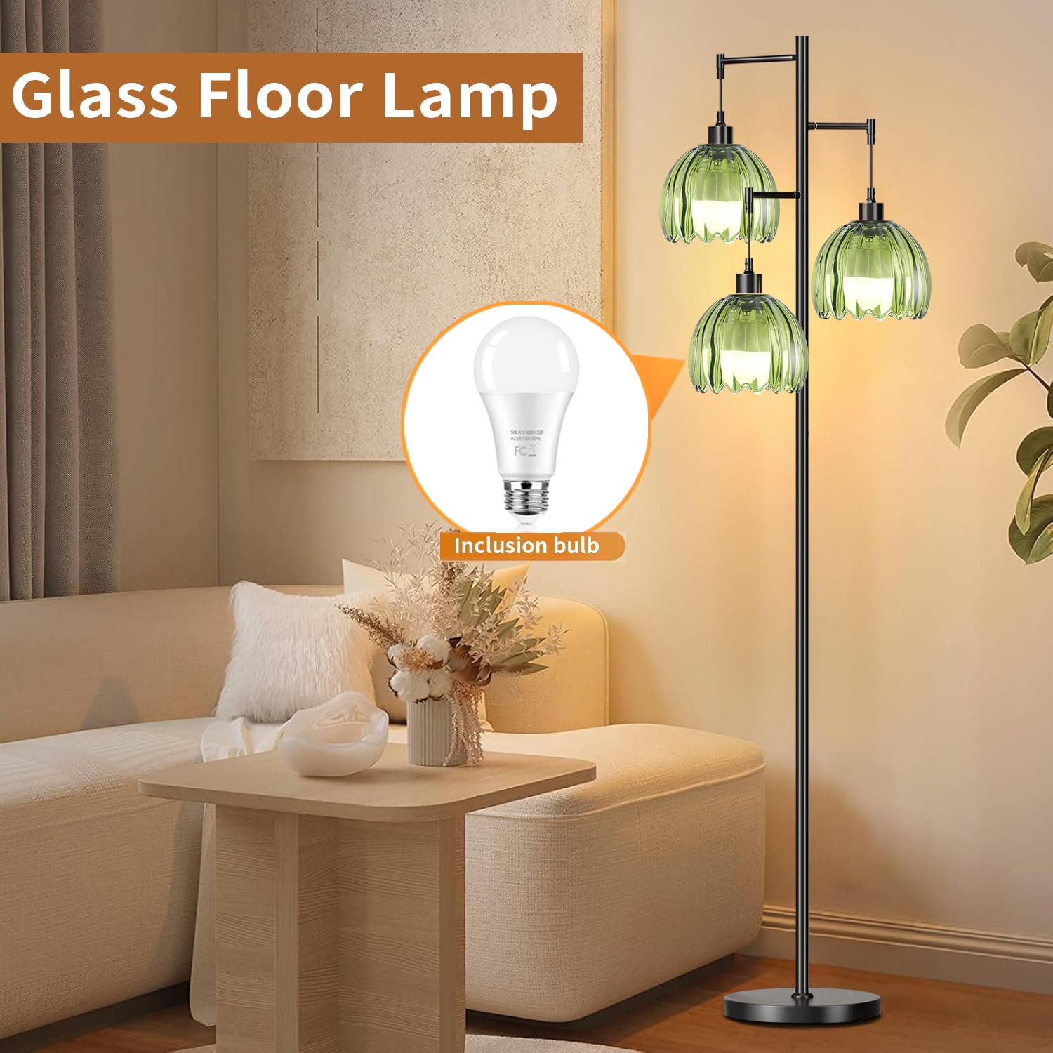 Illmtw Glass Floor Lamp For Living Room,Bedroom,Black Mid Century Modern Standing Lamp Brass Tree 3 Light Tall Floor Lamps Vinta