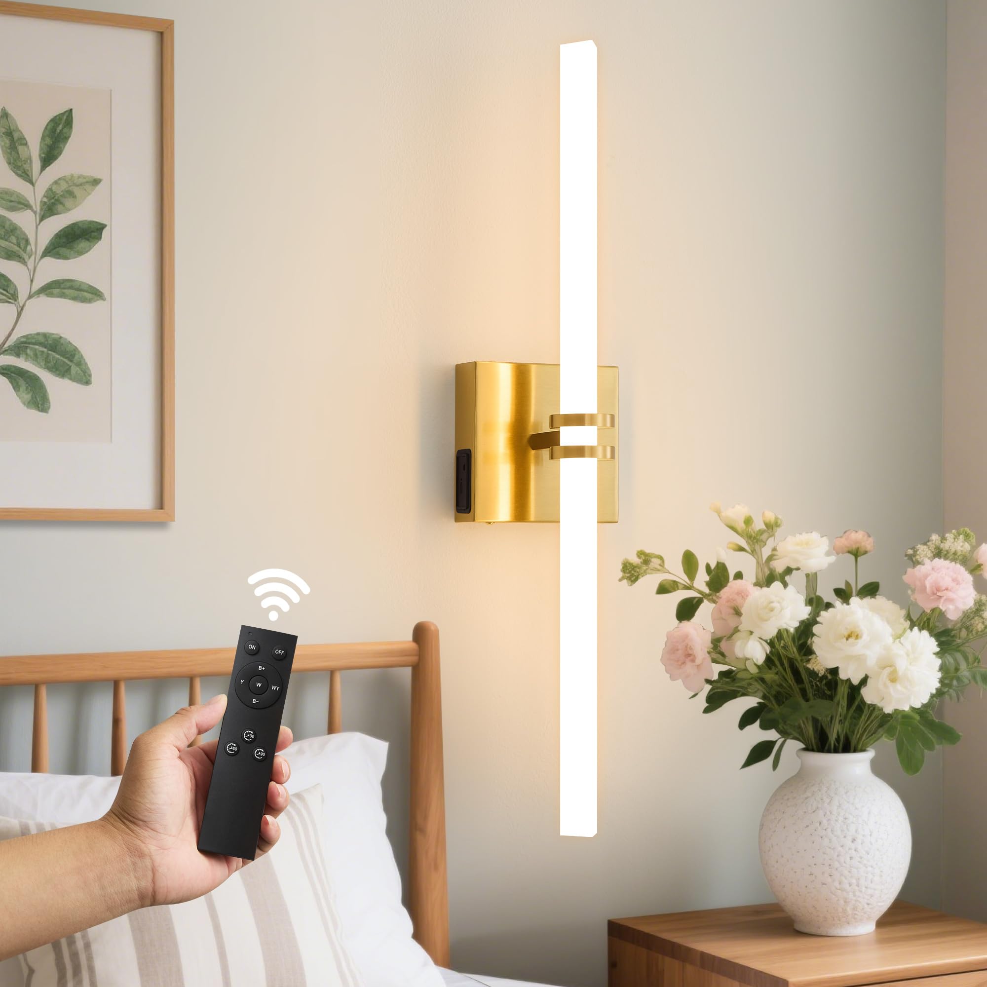 Eicrkodn Battery Operated Wall Sconce, Gold, Dimmable Remote, 22 Inch, LED Wireless Lamp for Bedroom and Hallway