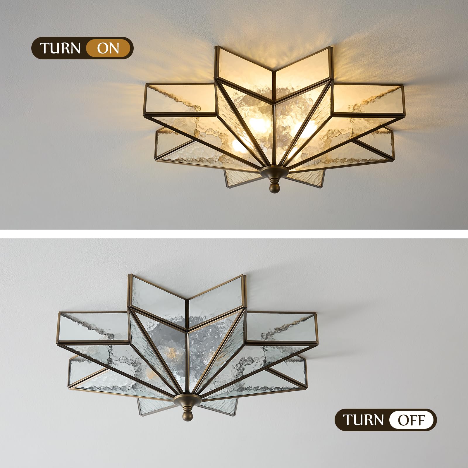 Black Bronze Star Ceiling Light - 19.5 Inch Brass Hammered Glass Large Flush Mount Fixture - Unique Art Deco Mid Century Vintage Moravian Lighting Lights For Bedroom Dining Foyer Living Room Fixtures