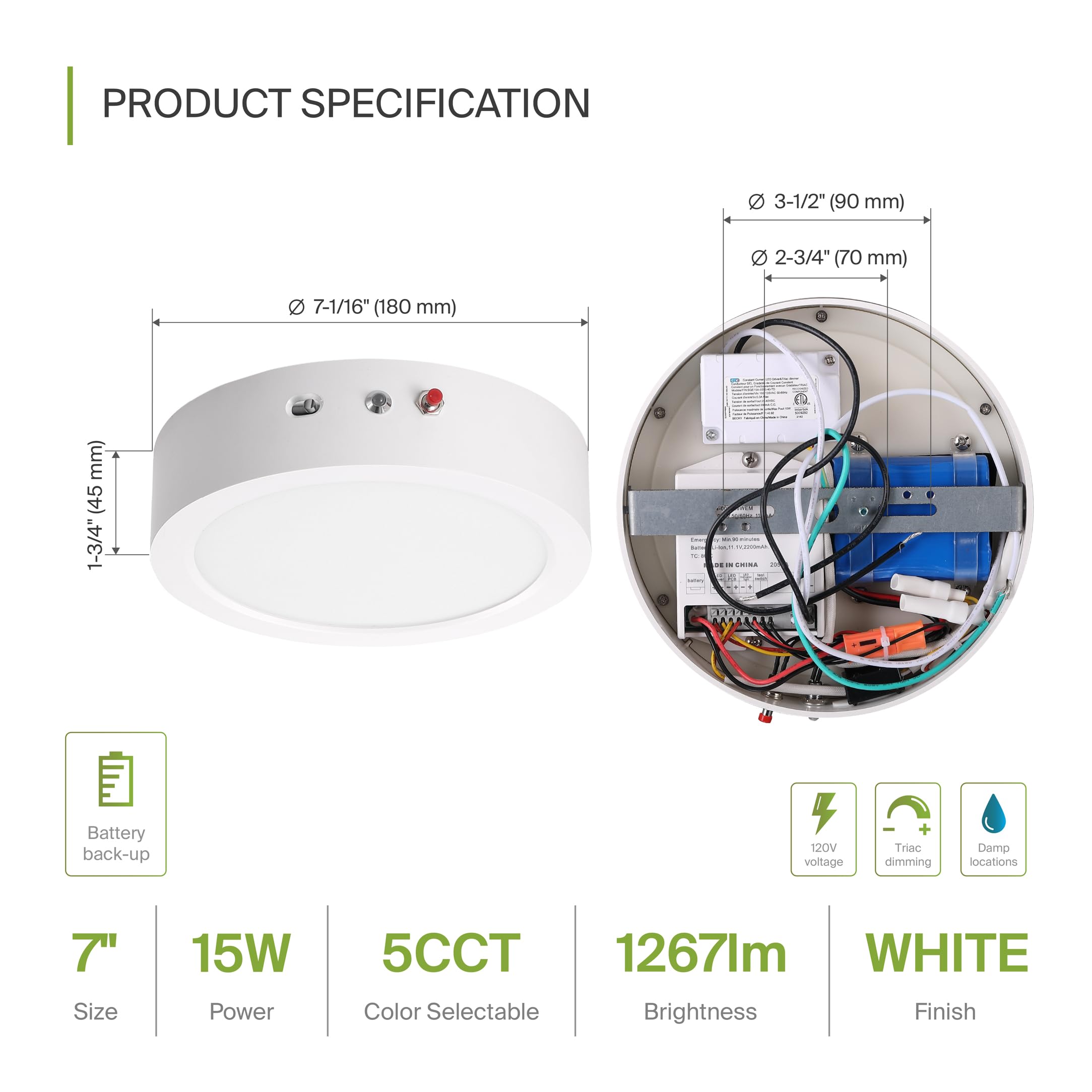 Asd Led 7 Inch Round Flush Mount Ceiling Light Fixture | 15W 1200Lm 2700-6000K 120V | 3Cct, Dimmable, Battery Backup, Ultra Slim