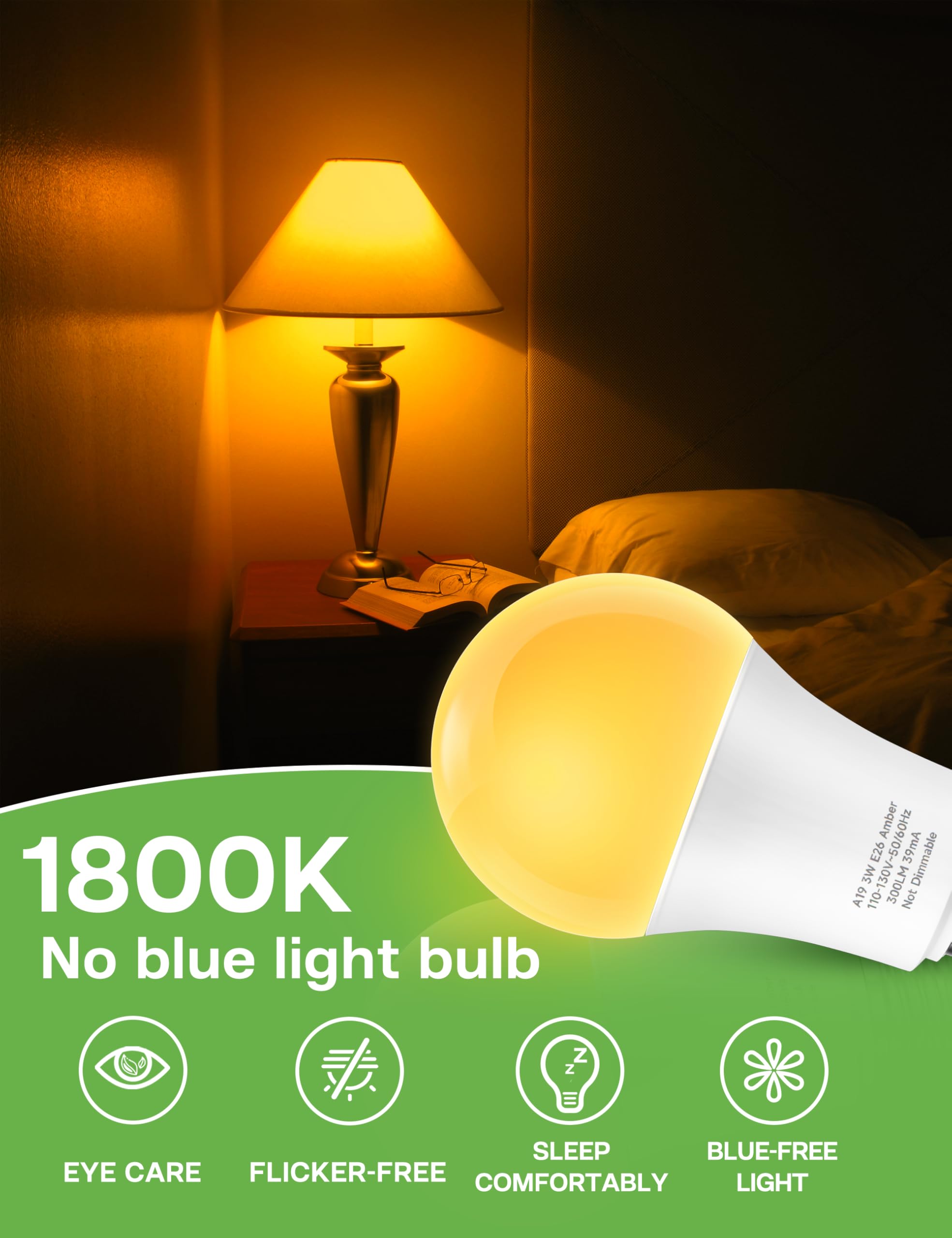 Eastiya Amber Sleep Light Bulbs, 3W Warm Light, E26, 2 Pack, Blue Light Blocking, Mood Soothing for Bedroom and Nursery, Model SME26-10