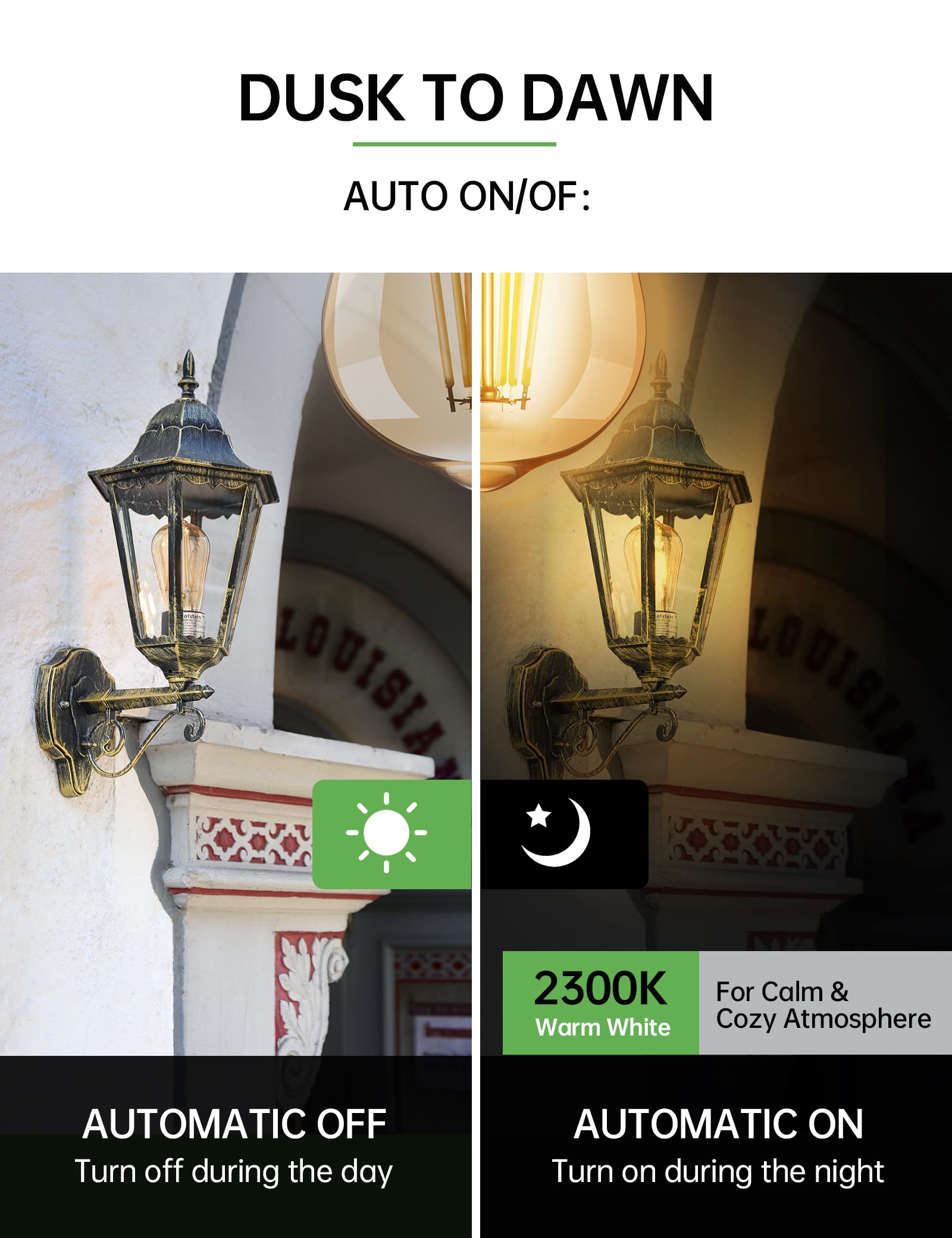 Qualilux Edison Light Bulbs, Vintage Amber Glass, 6.5W=60W, Auto On/Off, 2-Pack, E26, 700LM, Non-Dimmable