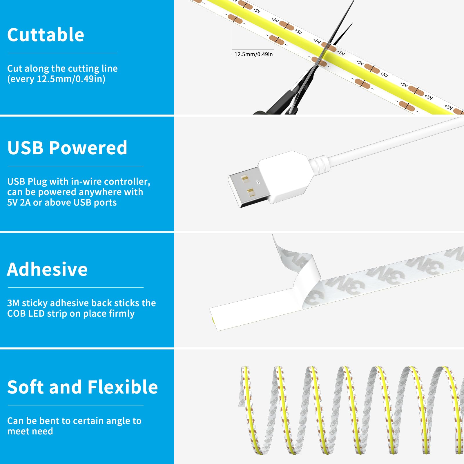 Gingsow Usb 5V Cob Led Strip Lights 6.56Ft/2M, Warm White 2700K Dimmable Usb Powered Density Cob Tape Flexible Cuttable Led Strip For Tv Backlight, 3D Printer, Rv, Sewing Machine, Bedroom, Mirror