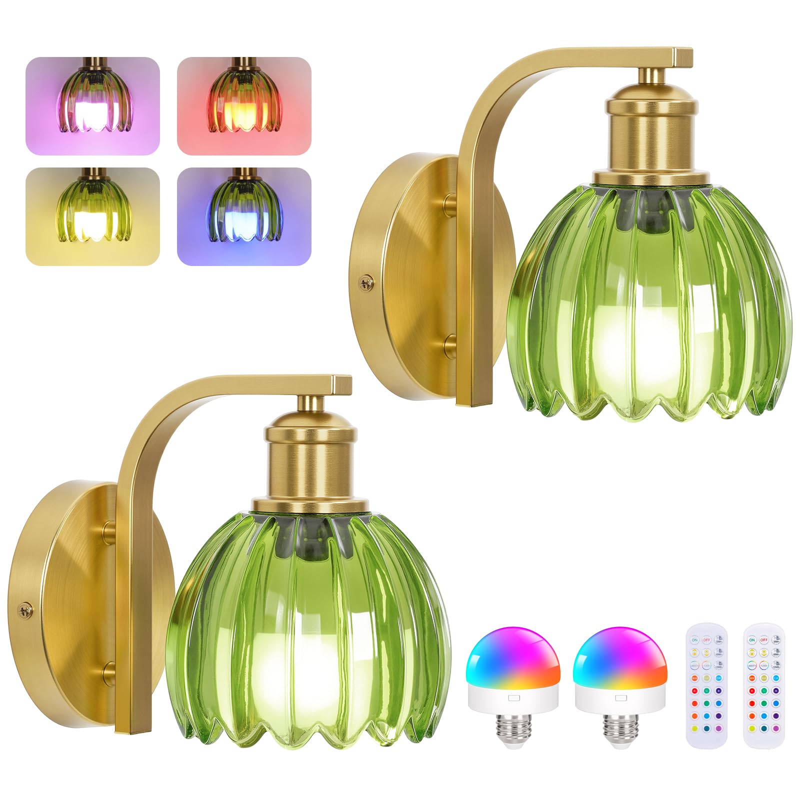 VerRon Rechargeable Wall Sconce Set of Two, Green Glass Lampshade, Wireless, Remote Control, 15 Colors, 2-Pack, Metal, Model B05092P(2PK)