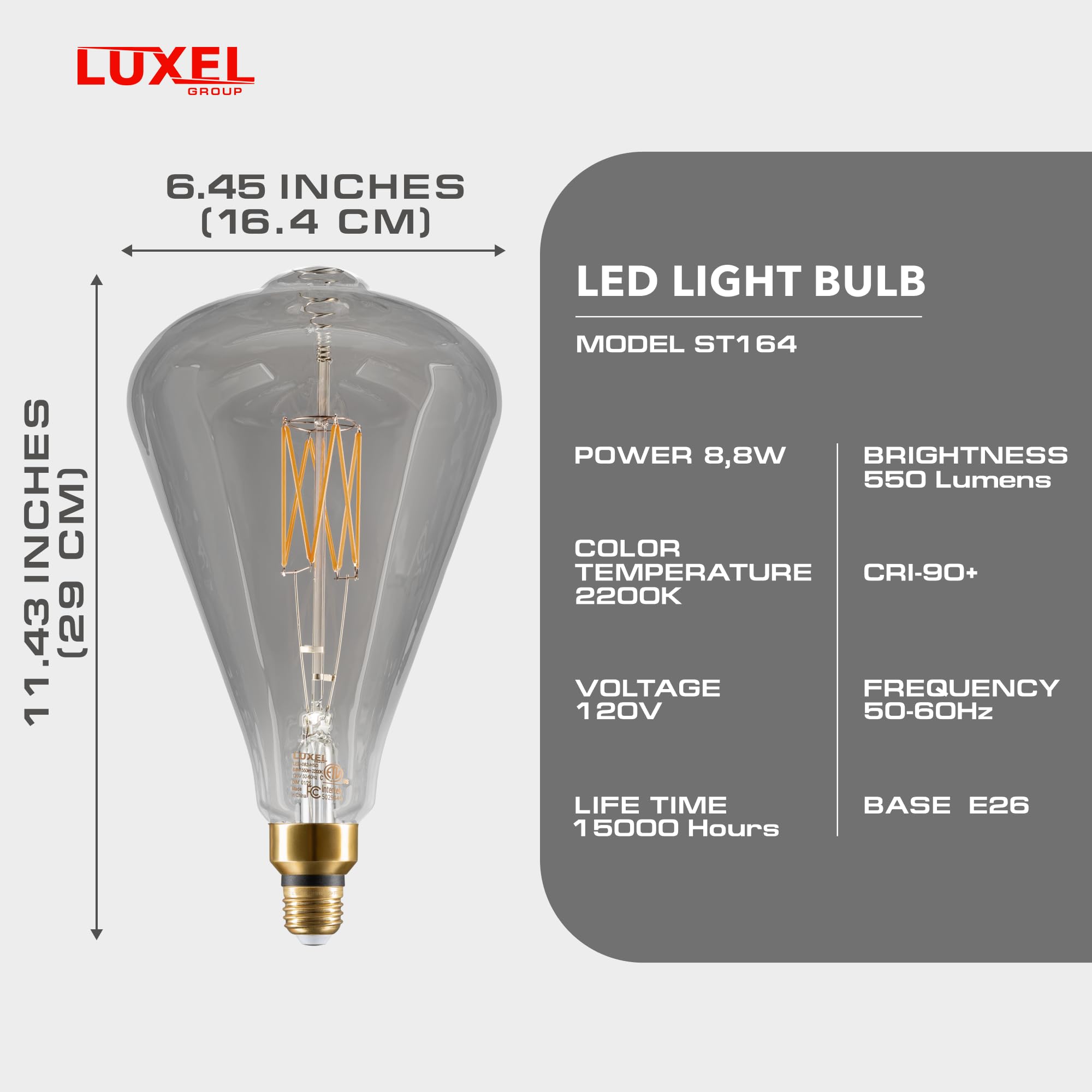 Oversized Edison LED Light Huge Bulb Vintage ST164-8.8W Equivalent 60W - Dimmable 2200K Warm Glow 550 Lumens - E26 Base Antique