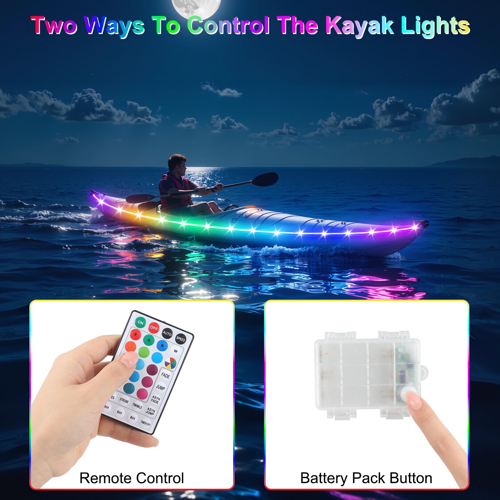 LYCARESUN 22 Ft Kayak Paddle Board Lights, Battery Operated LED, Multicolor, Waterproof with Remote Control, 16 Colors & 7 Modes