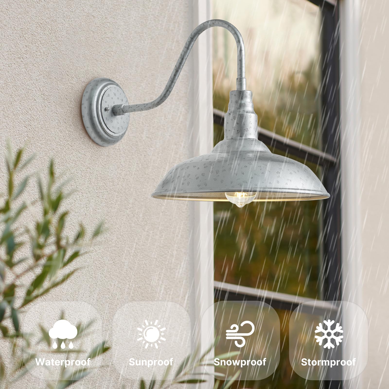 Goalplus 10In. Dome Outdoor Gooseneck Barn Light, 2 Pack Galvanized Steel Exterior Gooseneck Lighting Fixture With Wall Mount Fa