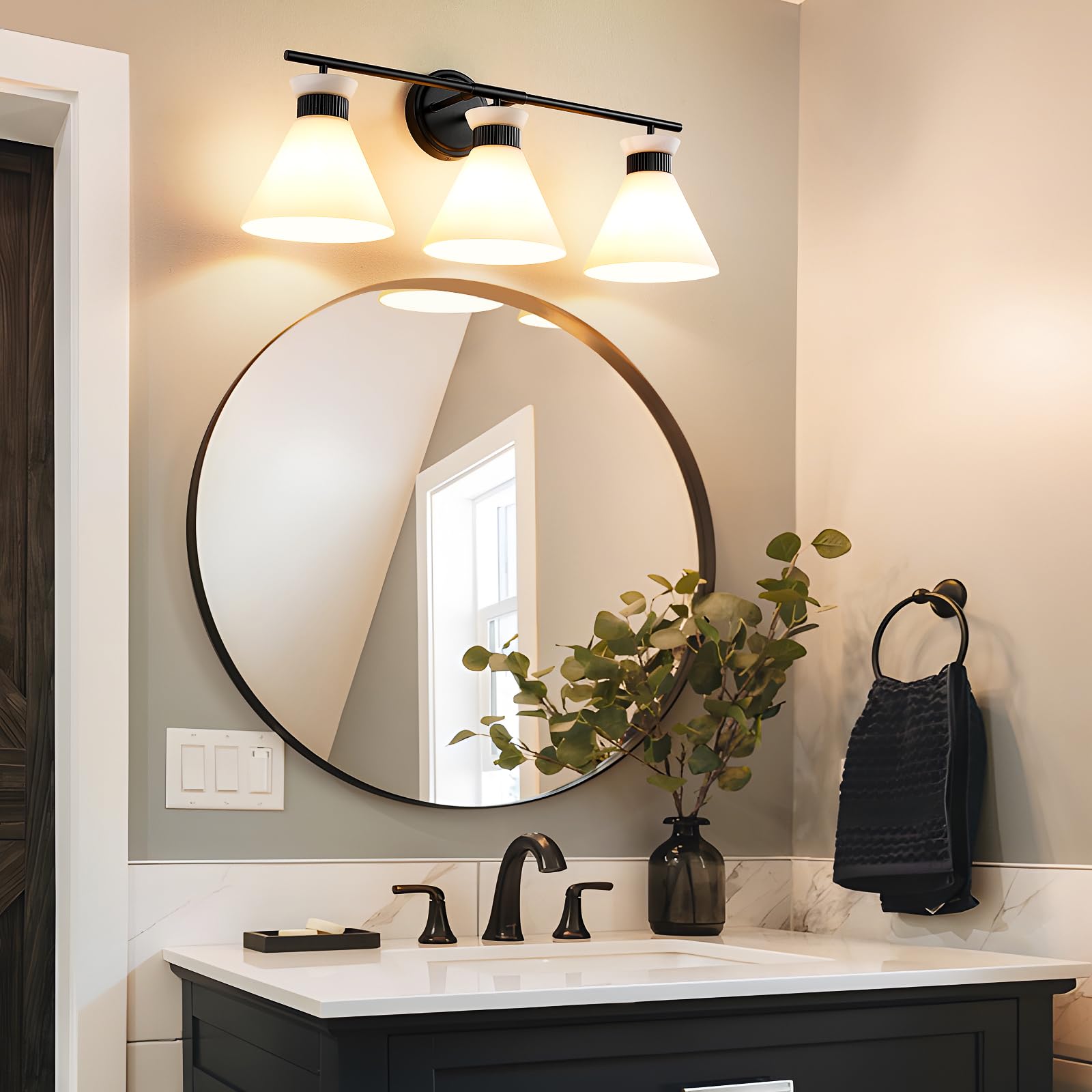 Black Bathroom Vanity Light Fixtures: Bathroom Lighting Fixtures Over Mirror 23.4 Inch With Milky White Frosted Glass, 3-Lights