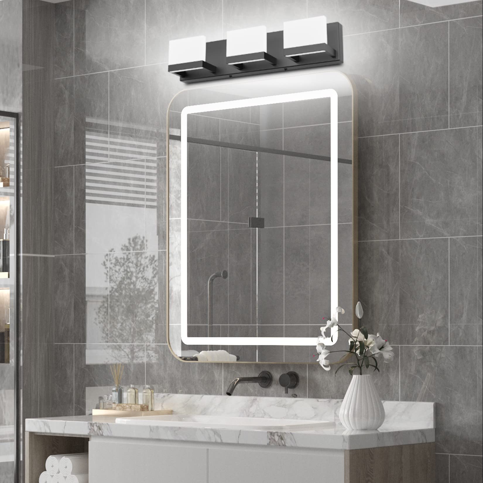 Tipace 3 Lights Black Dimmable Led Vanity Light For Bathroom Up And Down Black Modern Bathroom Wall Light Fixtures Over Mirror(W