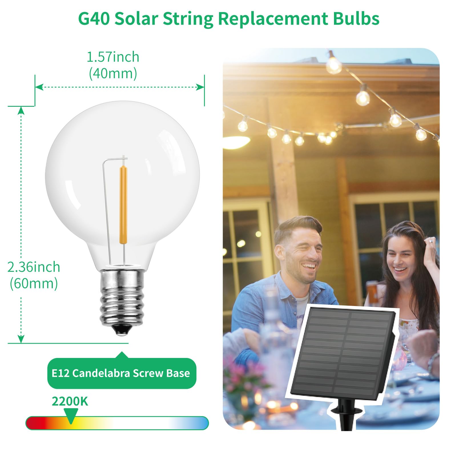 Meconard G40 Solar LED Bulbs, Shatterproof E12 Screw Base, Warm White, 1W, 25 Count, Model MG306W27K25P
