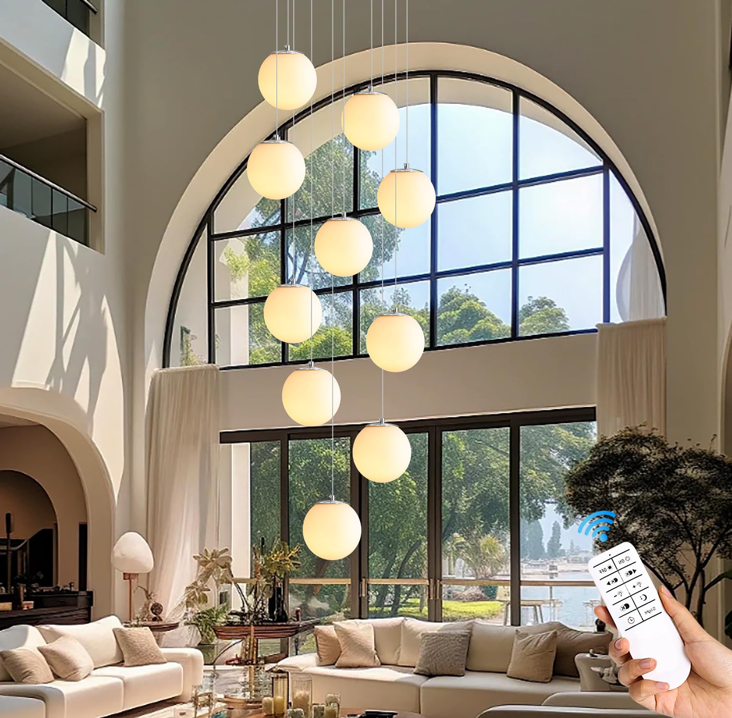 ykolupty LED Staircase Chandelier, 10-Light Flush Mount Pendant Light, Chrome Finish, White Glass for High Ceilings, Foyer & Living Room