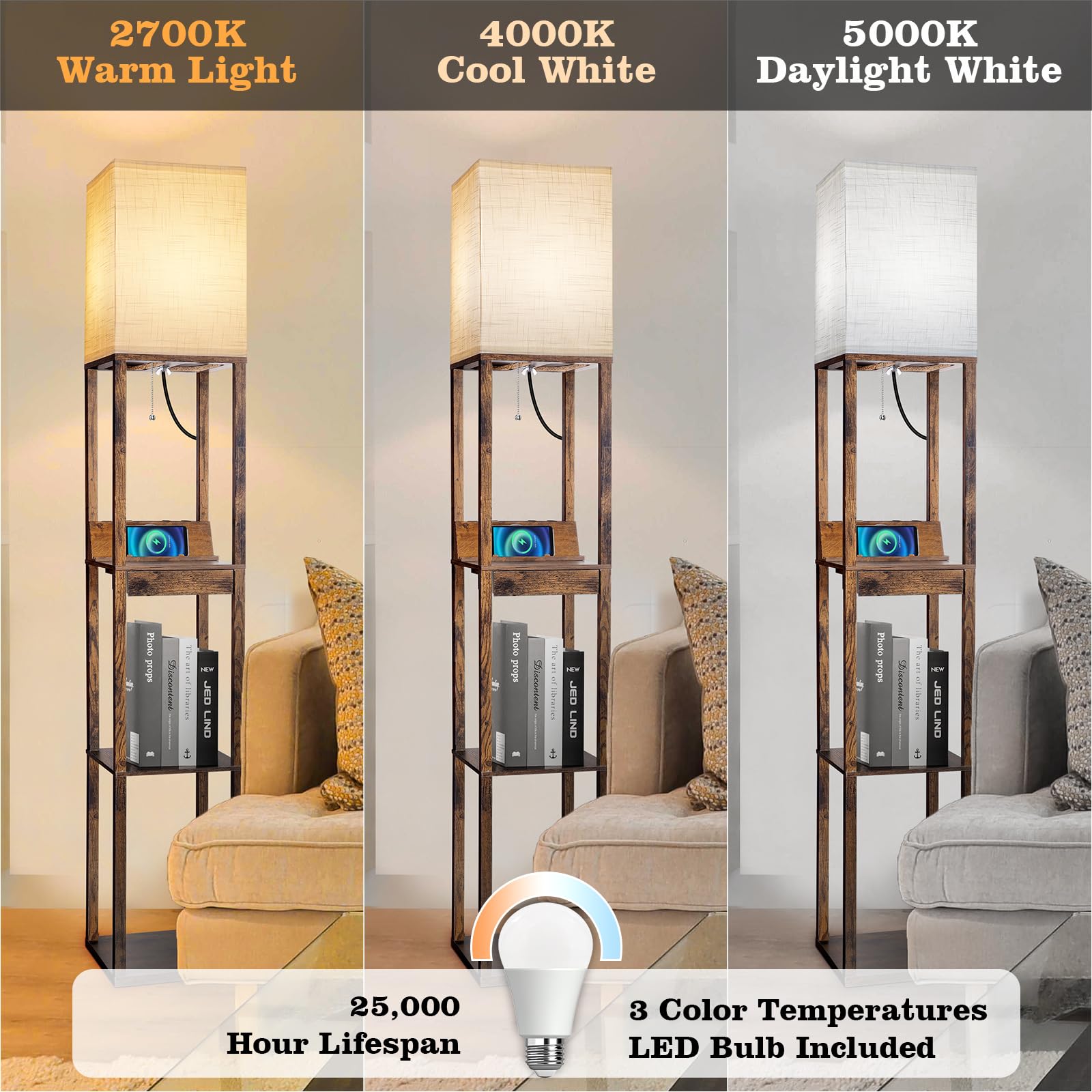 Runtop Floor Lamp With Shelves, Shelf Floor Lamp With Wireless Charger & 2 Charging Usb Ports & Drawer, Ac Outlet, 3 Color Tempe