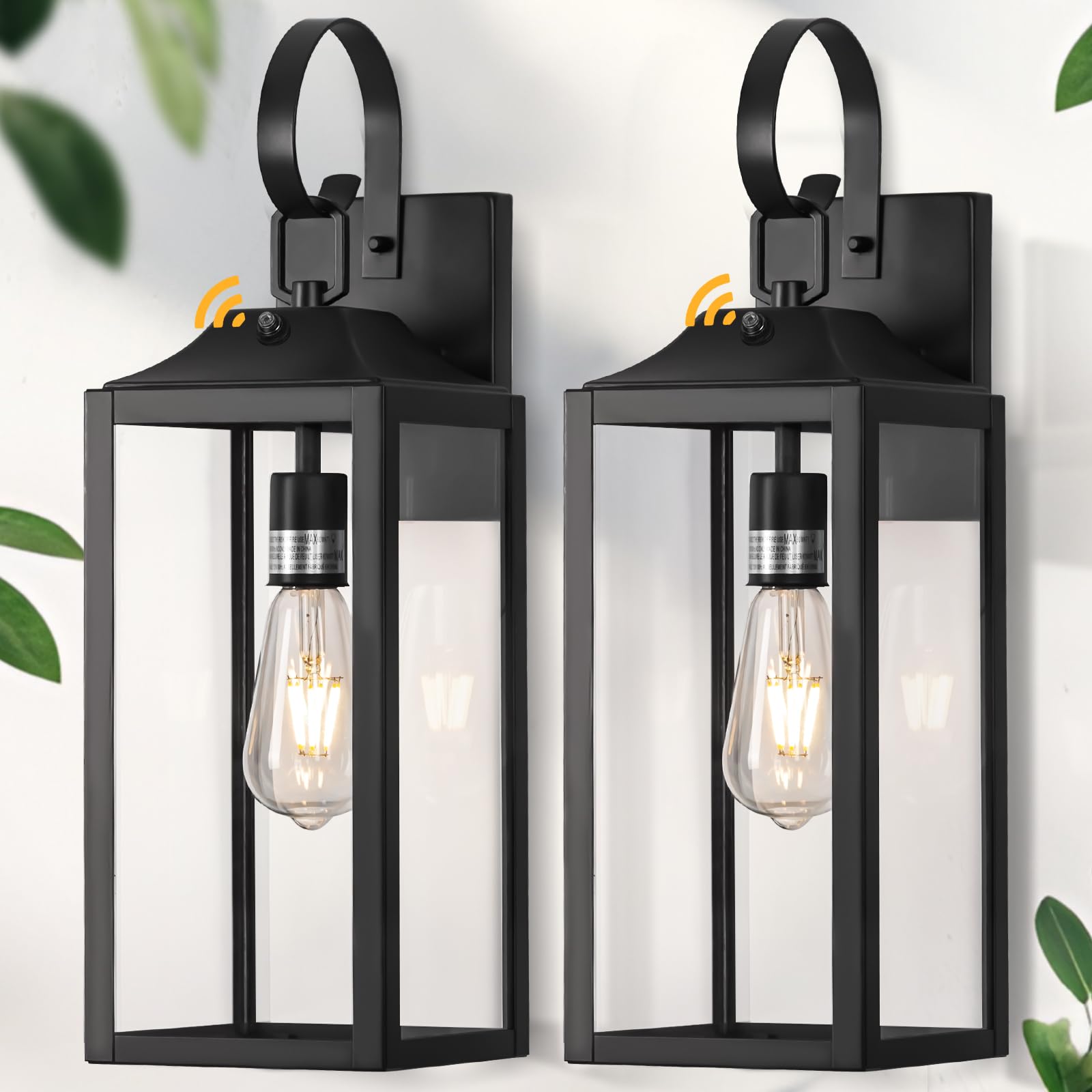 Yolsunes 19in Outdoor Wall Lantern, Black Dusk to Dawn Sensor, Metal Sconce Light, 2 Pack, Waterproof, Modern Design