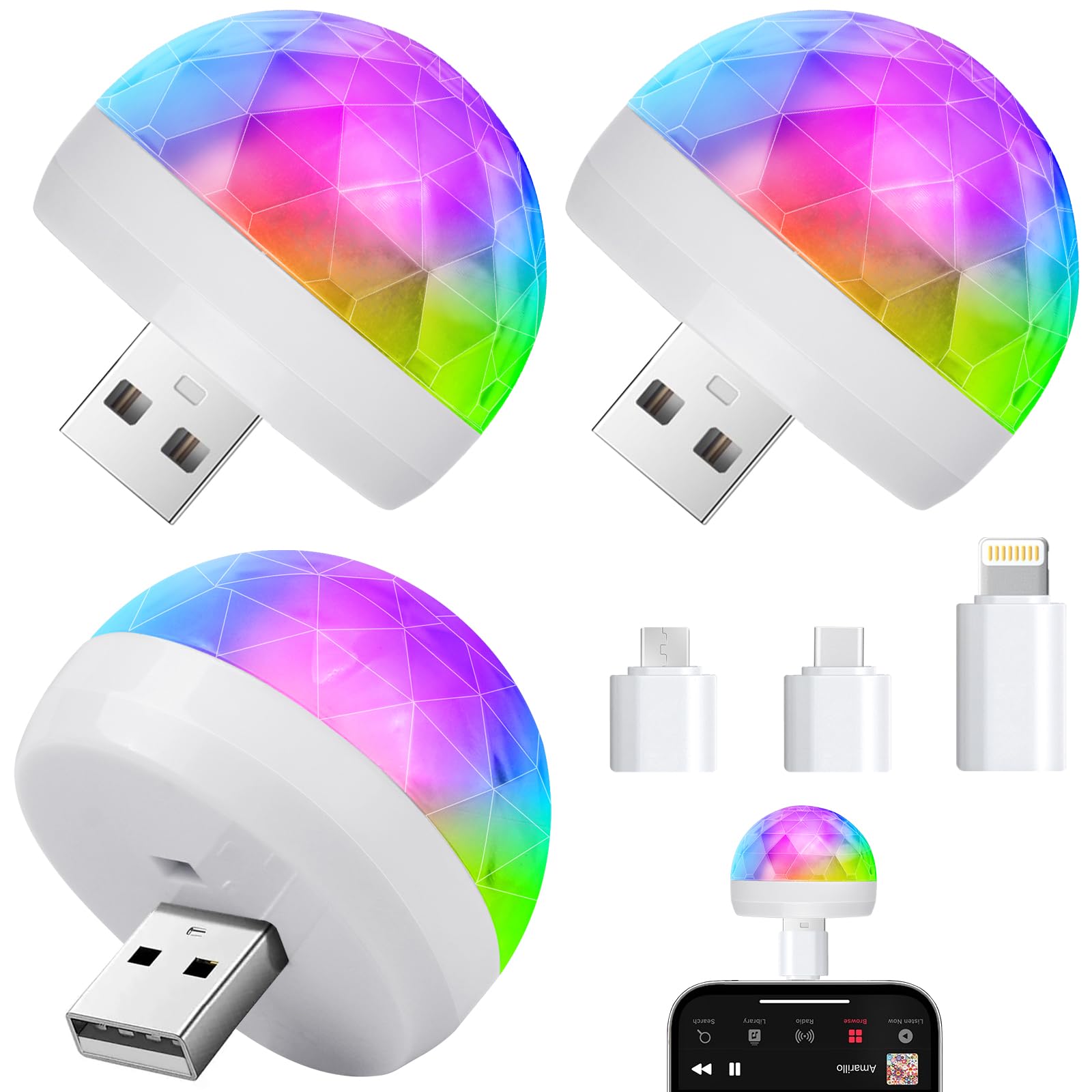 Luditek USB Mini Disco Ball Light, Sound Activated, 3 Packs, White, Plastic, Model GT159