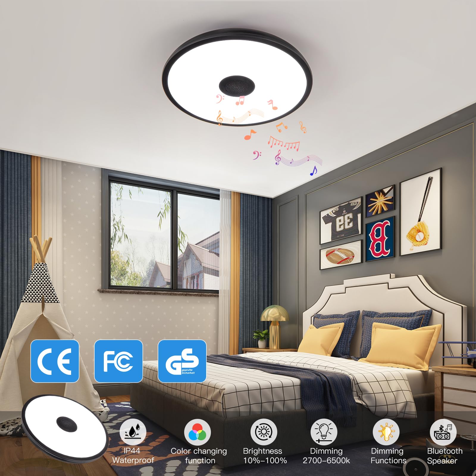 Asall Black Waterproof Led Ceiling Light Fixture,With Bluetooth Speaker,11 Inch,18 Watt, 2700K-6500K Dimmable Music Lamp,Rgb Col