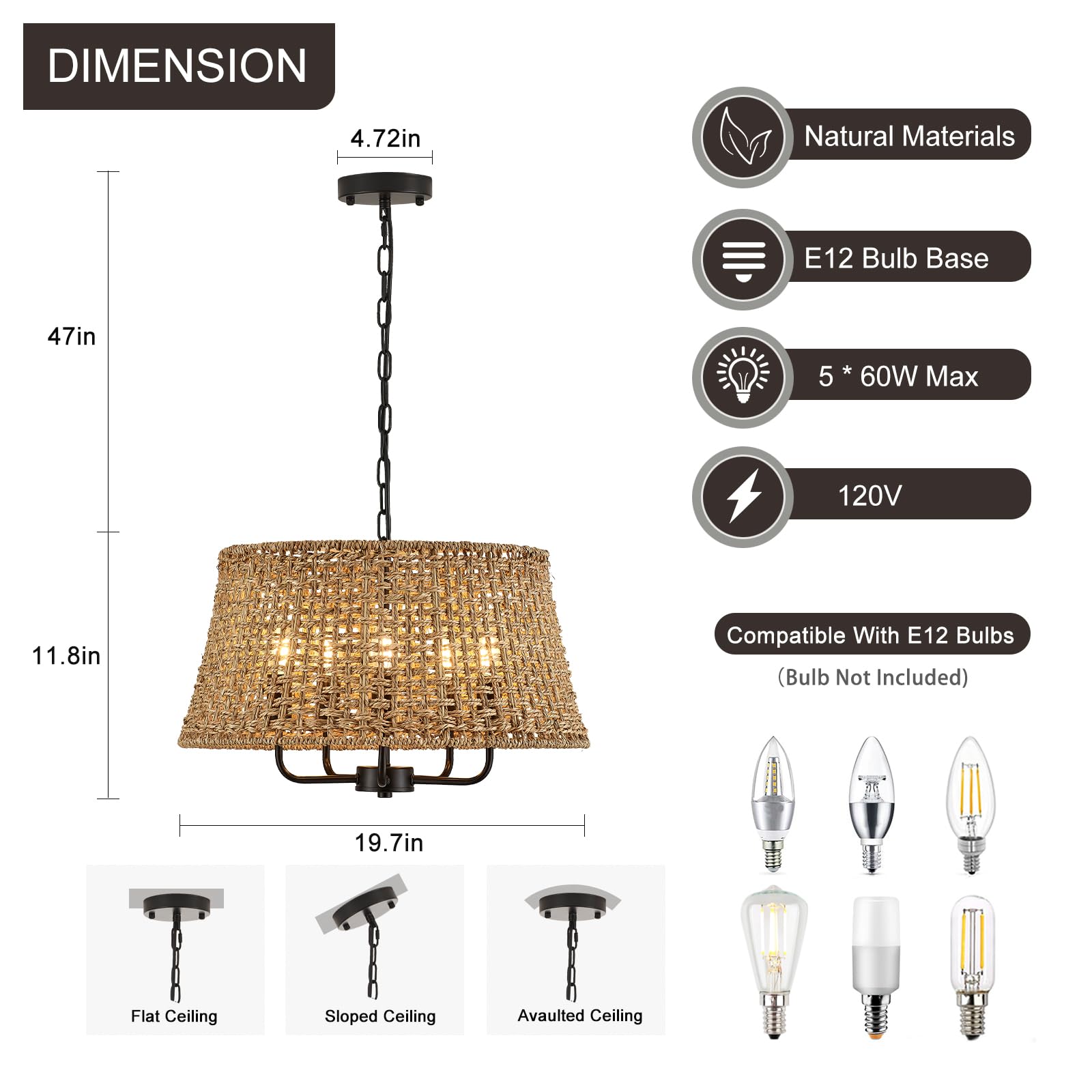 Yomecoo Hand-Woven Rattan Chandelier Vintage Farmhouse Boho Bamboo Light Fixture Mini Retro Drum Wicker Rattan Black Chandelier
