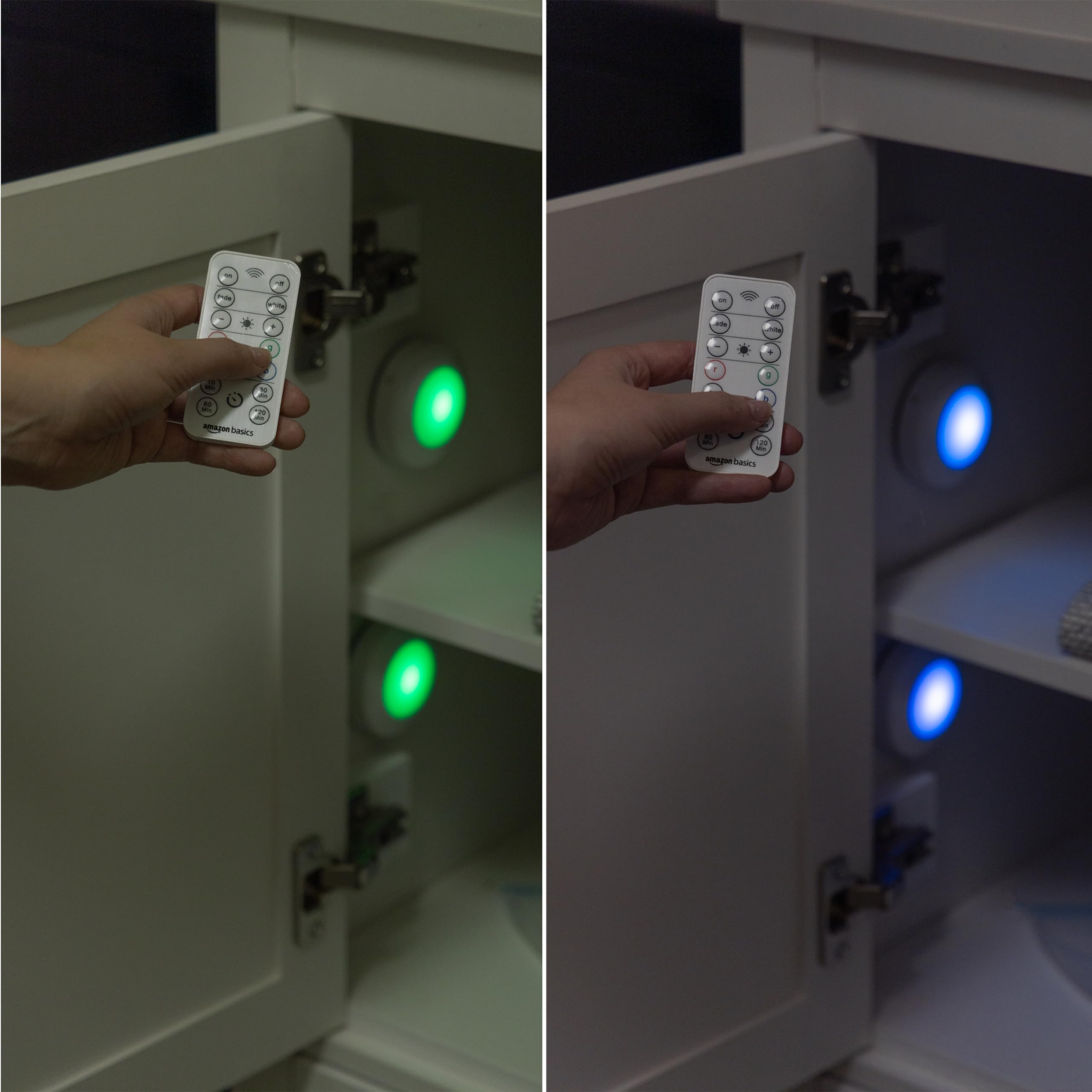 Amazon Basics LED Puck Lights, Color Changing, Battery Operated, IR Remote, 40 Lumens, 2 Pack, Wireless Stick on Lights, Under C