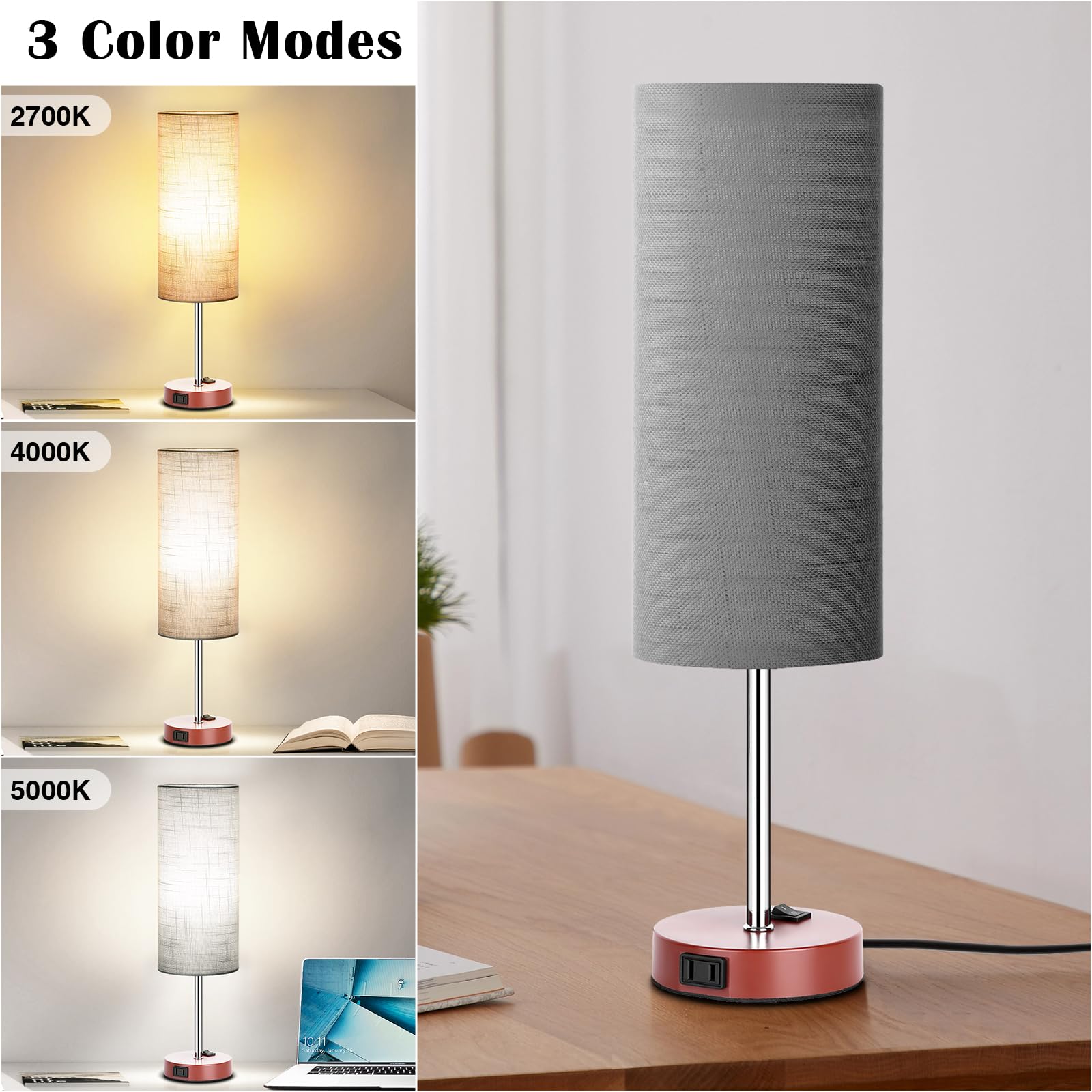 Zjojo Table Lamp For Bedroom 2 Pack,18In Bedside Lamps With 3 Way Dimmable Rocker Switch & Ac Outlet,Nightstand Desk Lamp With G