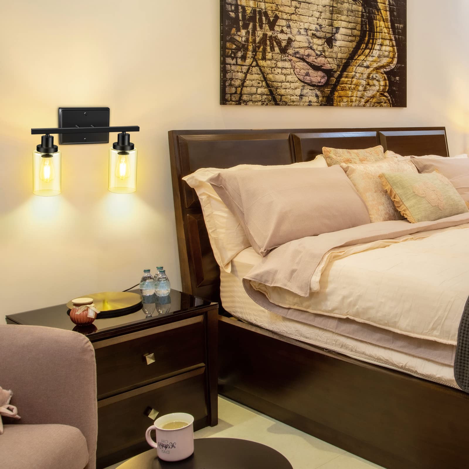 Ascher 2-Light Wall Sconces, Modern Vanity Light Fixture Black Finish, Wall Light With Clear Glass Shade For Mirror Hallway Bedr