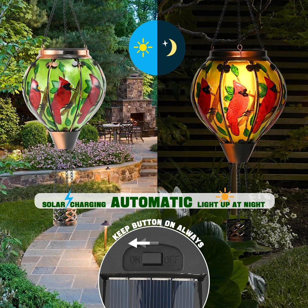 Hot Air Balloon Solar Lantern - Cardinal Bird Glass Lantern  Simulated Flickering & Dancing Flame  Outdoor Hanging Yard Light Waterproof Ip65 For Patio Lawn Porch Decor Gift