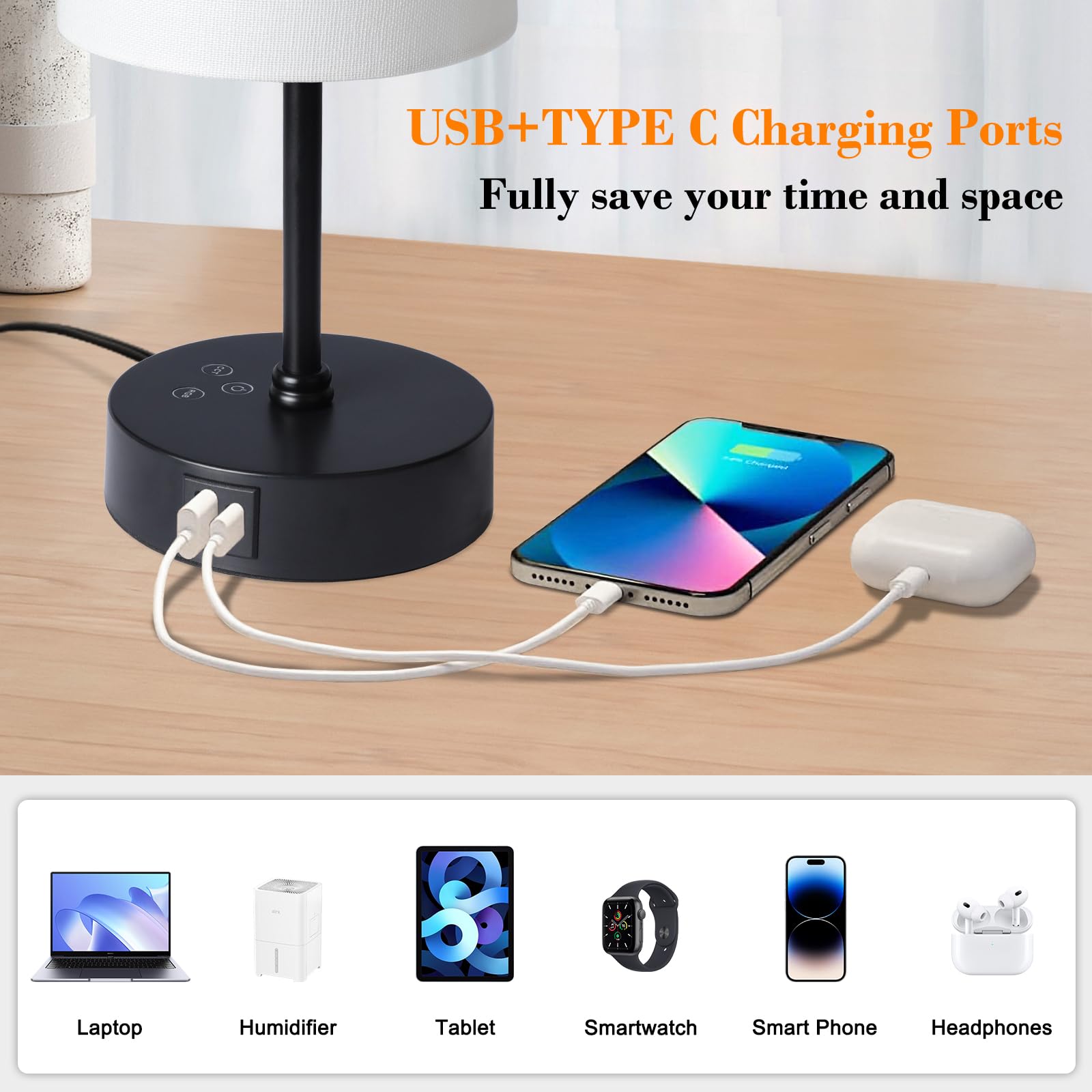 Ascher RGB Table Lamp - Color Changing, 3 Color Temperatures, Dimmable, Touch Control, Cream Shade, Small Bedside Light