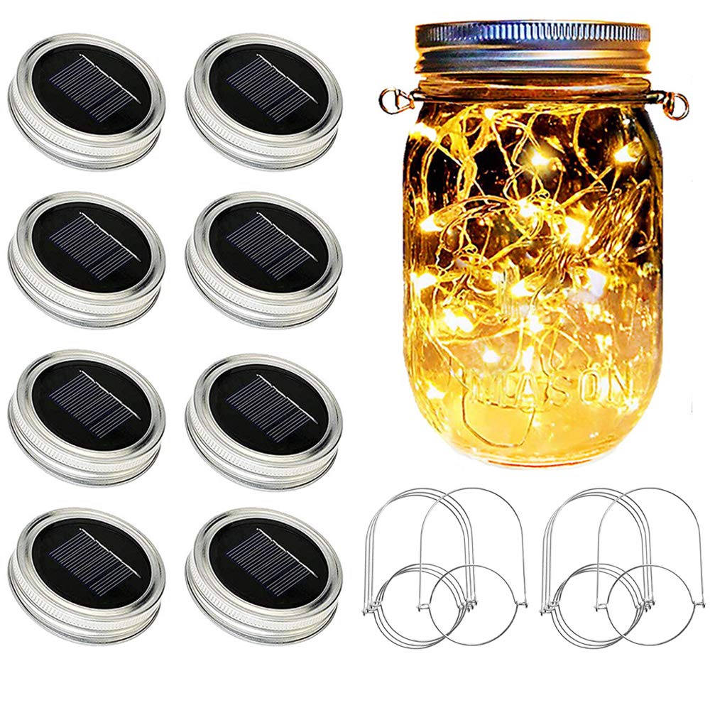 SunKite Solar Mason Jar Lights, 8 Pack, 20 LED Waterproof Fairy Lights, Aluminum, Warm White, 2.7 inches, No Jars Included