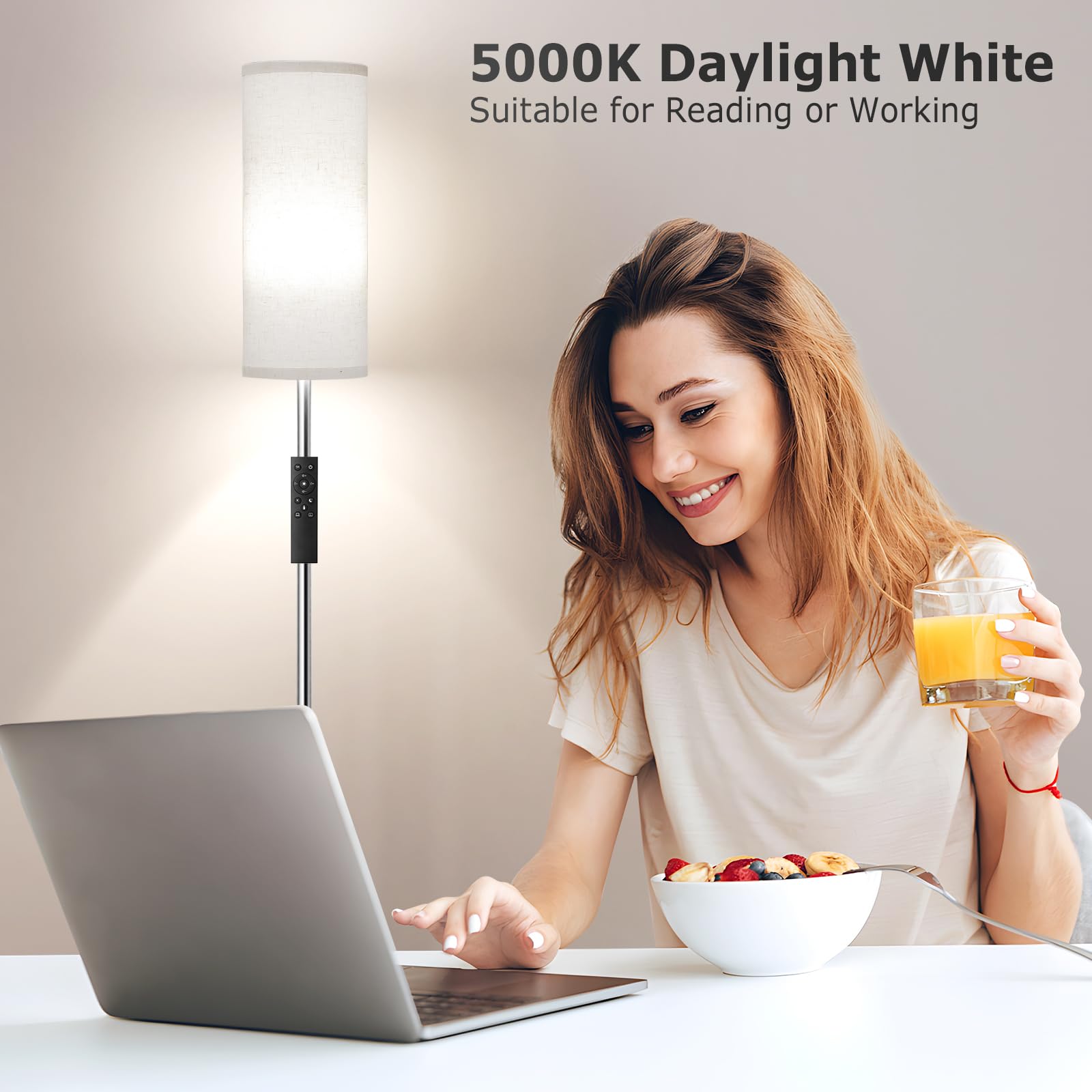 Ambimall 64'' Floor Lamps For Living Room With Remote Control And Stepless Dimmable Colors Temperature & Brightness, 9W Bulb Included(Beige Lampshade & Silver Pole)